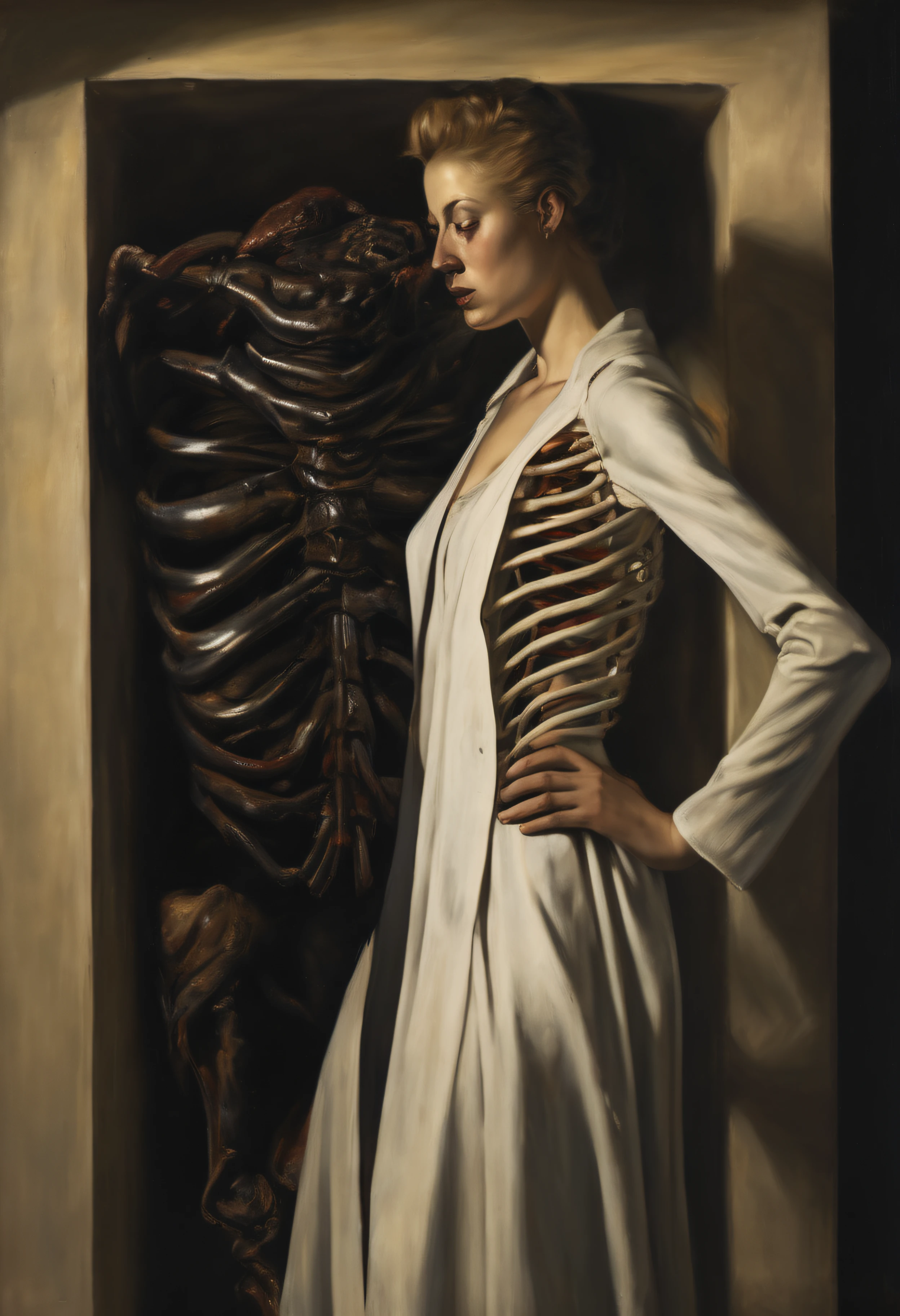 "(The best lighting, alto contraste, oscuro, dramatic),(Chica rubia junto a una cabra negra gigante, Open the rib cage, feto, autopsia, huesos humanos, sangre por las paredes). Luz Caravaggio"