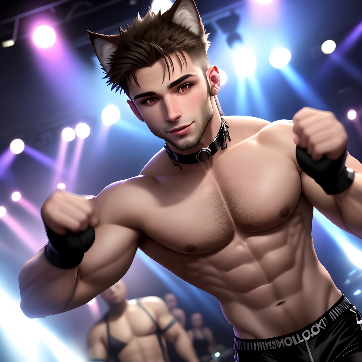 Gay muscular male wolf dancing techno in a club