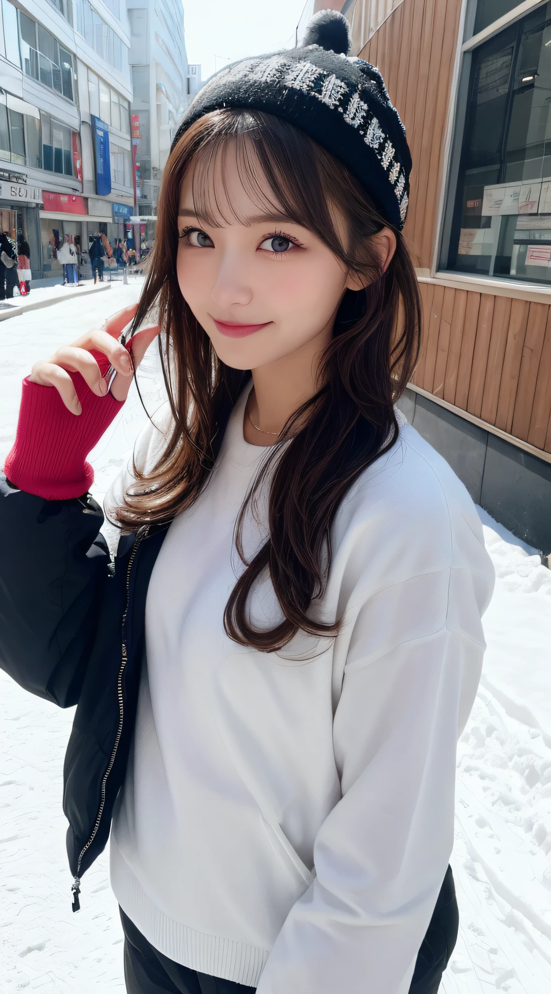masutepiece, Best Quality, Illustration, Ultra-detailed, finely detail, hight resolution, 8K Wallpaper, Perfect dynamic composition, Beautiful detailed eyes, Women's Fashion Summer,Medium Hair,Small breasts natural color lip, Bold sexy poses,Smile,Harajuku、20 years girl、Cute、Sexy shot looking at camera、snow board、snowboarder、a ski