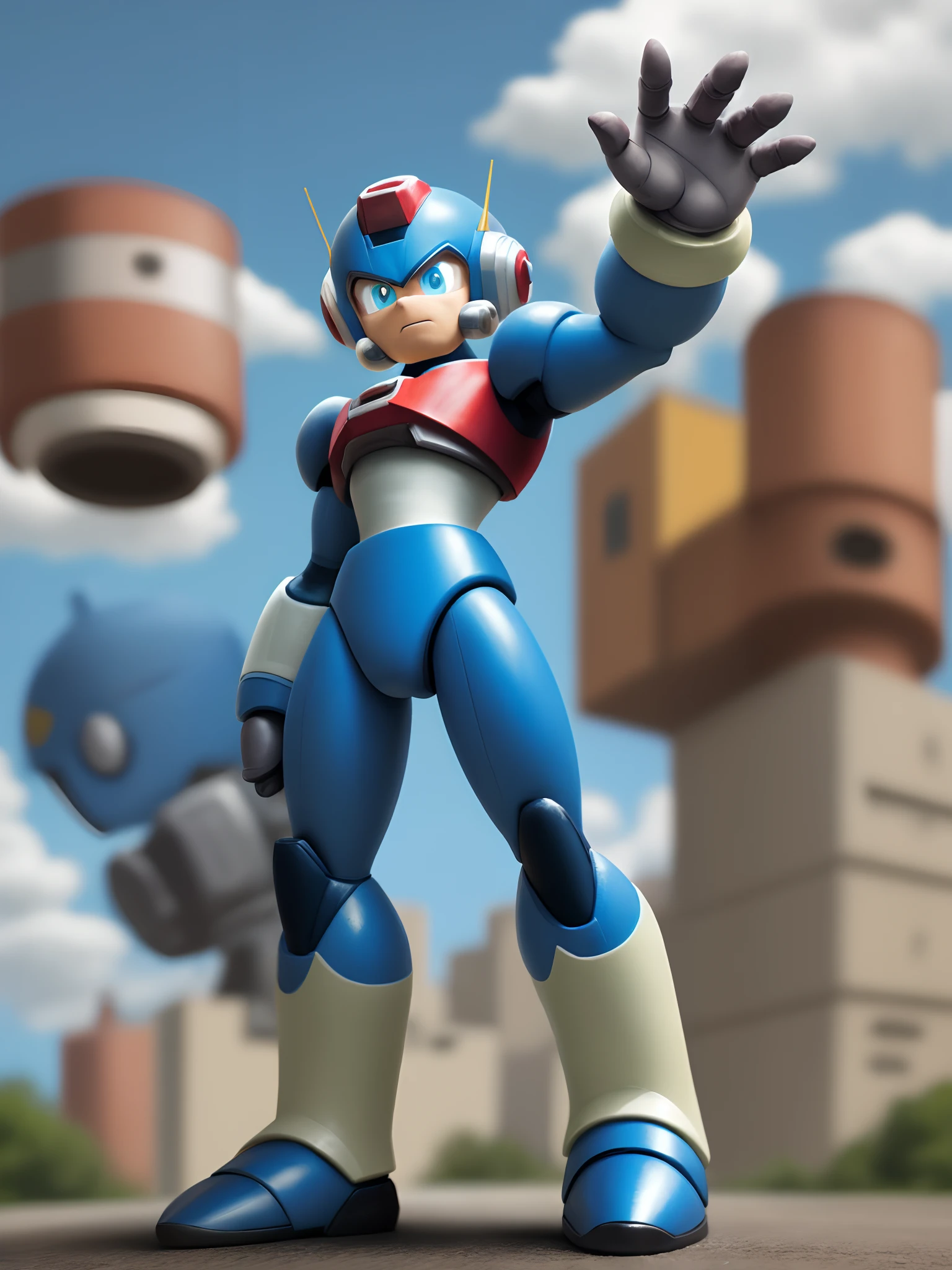 megaman, good anatomy, masterpiece, best quality,realistic, , 16k  ,submissive pose ,fantasy world,outdoor,village,blue sky,(surrounded many Heinous estrus goblins:1.3),(metal collar,chain leash:1.3),(pull leash:1.2),