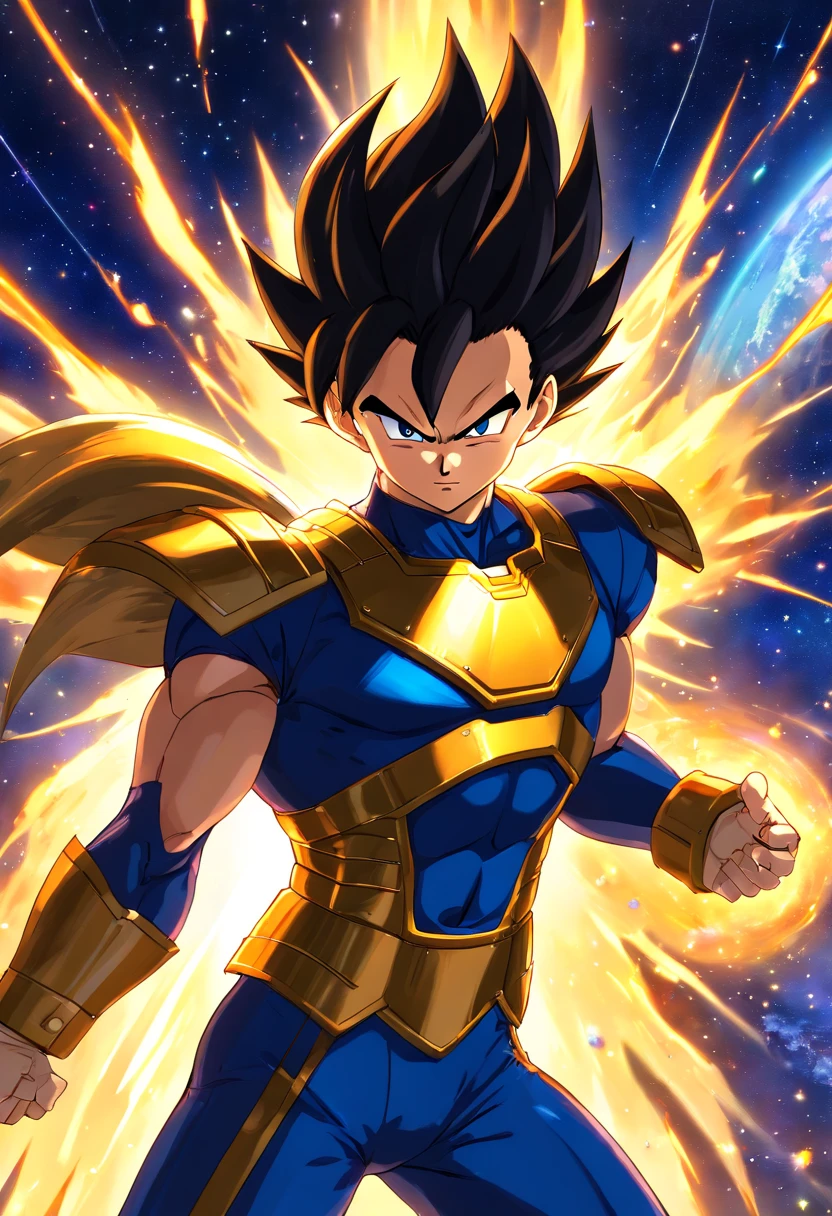 (melhor qualidade, Altas, Realistic:1.37), ultra-detalhado, Vegeta in Gold Armor of the Virgo Zodiac Sign, large muscles, Estilo Saint Seiya, estilo anime, corpo inteiro, olhos e rosto detalhados, long eyeslashes, aura azul e vermelha ao redor de Vegeta, background in space