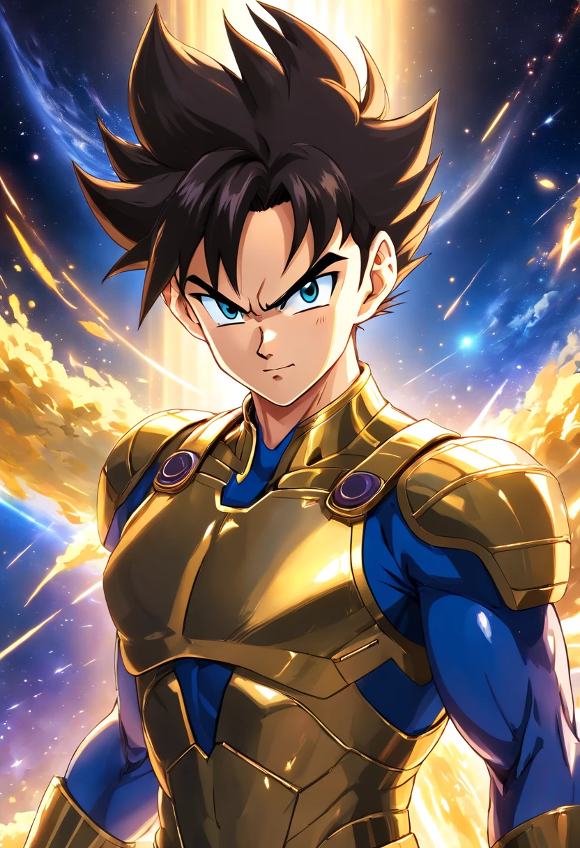 (melhor qualidade, Altas, Realistic:1.37), ultra-detalhado, Vegeta in Gold Armor of the Virgo Zodiac Sign, large muscles, Estilo Saint Seiya, estilo anime, corpo inteiro, olhos e rosto detalhados, long eyeslashes, aura azul e vermelha ao redor de Vegeta, background in space