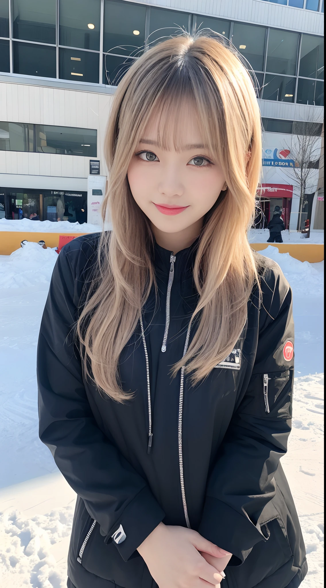 masutepiece, Best Quality, Illustration, Ultra-detailed, finely detail, hight resolution, 8K Wallpaper, Perfect dynamic composition, Beautiful detailed eyes, Women's Fashion Summer,Medium Hair,Small breasts natural color lip, Bold sexy poses,Smile,Harajuku、20 years girl、Cute、Sexy shot looking at camera、snow board、snowboarder、a ski