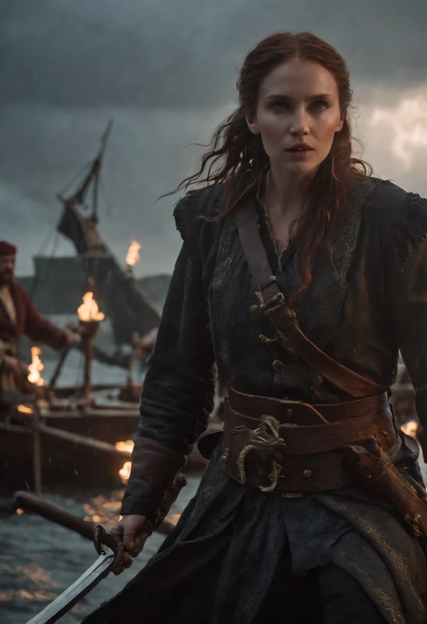 The rain begins to fall, adding another element of chaos to the scene. The sound of clashing swords, the roar of the kraken, and the rain hitting the deck create a symphony of chaos and despair. The scene becomes even more intense when lightning illuminates the sky, briefly revealing the epic fight between pirates and sea beast.