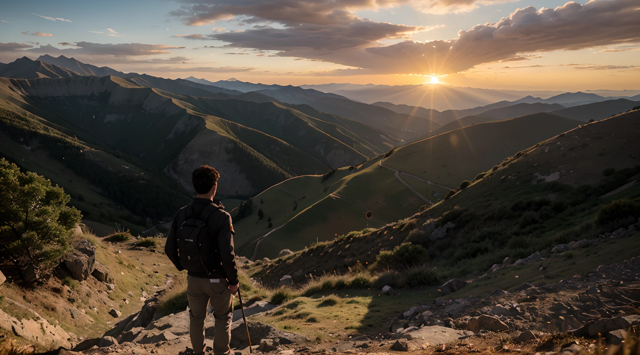 man standing from the top of the mountain looking down, view from behind, sunset, reality,