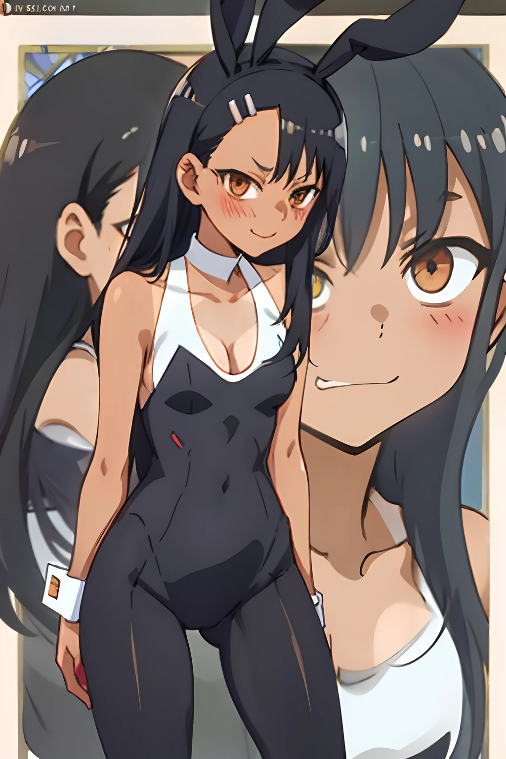 1girl, solo,sitting, small breast, masterpiece, professional artwork, famous artwork, perfect face,nagatoro hayase, brown eyes, hairclip, black hair, cowboy shot, black hair, beautiful face, intense look, ((perfect female body, narrow waist)), background classroom,((tan lines)), looking at viewer, (((black bunny suit))), standing, close up, cleavage, mischievous grin, bunny ears