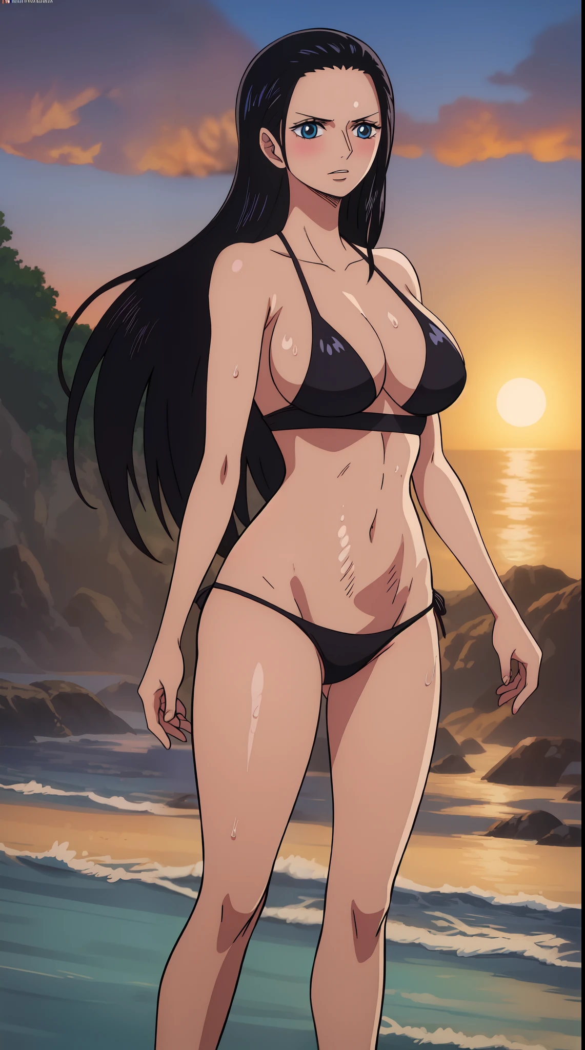 Nico Robin from one piece, black long hair, blue eyes, dark wide pupils, blushing, big breasts, side boobs, wearing thong bikini, standing in the beach, sunrise, shiny skin, wet body, abs, muscle, six pack, dynamic view, close shot view,