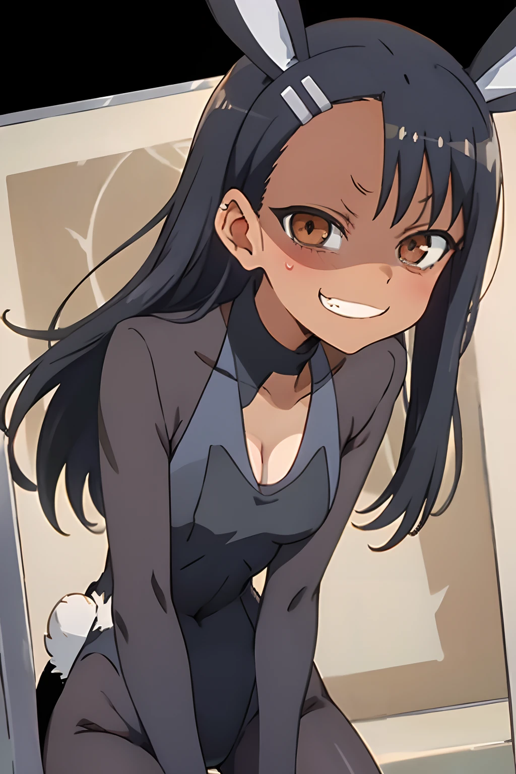 1girl, solo,sitting, small breast, masterpiece, professional artwork, famous artwork, perfect face,nagatoro hayase, brown eyes, hairclip, black hair, cowboy shot, black hair, beautiful face, intense look, ((perfect female body, narrow waist)), background classroom,((tan lines)), looking at viewer, (((black bunny suit))), standing, close up, cleavage, mischievous grin, bunny ears