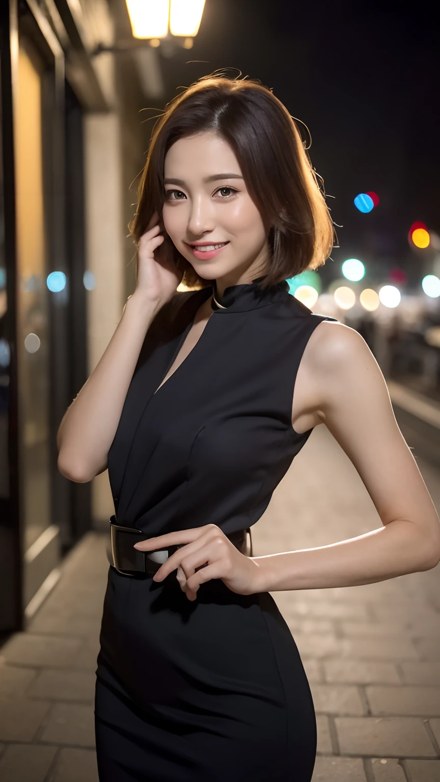 ((best qualtiy,8K,hyper HD,tmasterpiece:1.3)),Focus:1.2,The background is blurred out:1.2,1girll,Beautiful Women with Perfect Figure:1.4,Slim abs:1.1,(random color hair),(Professional Dress),(exteriors,the night:1.1),Street views around the world,a variety of poses,Ultra-fine face,Fine eyes,二重まぶた,Smile