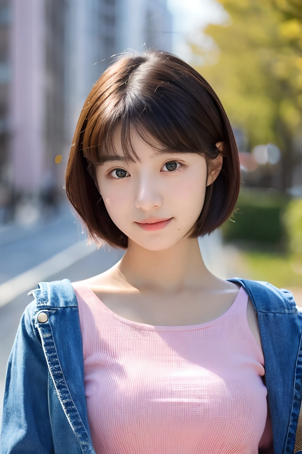 25 years old girl with short hair, adorable, light purple top.