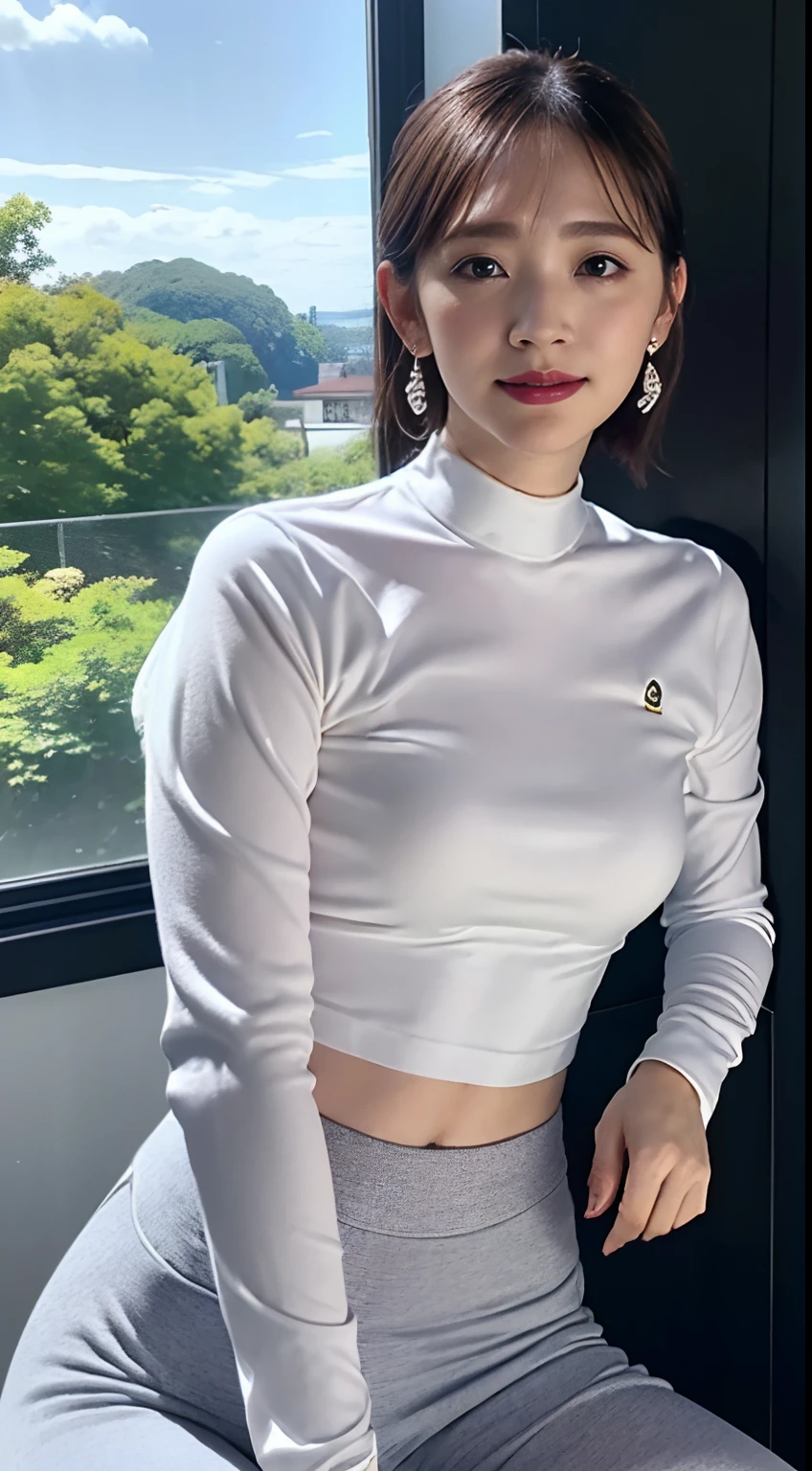 face is :9,1714884241], Elegant upper-class elite secretary, (Short Layer Hair、Colossal tits、SuzukiAiri)、, Wear high-end heels、 (), girl with,, merchant,  (8K、top-quality、tmasterpiece:1.2)、(intricate detailes:1.4)、(Photorealsitic:1.4)、octane renderings、Complex 3D rendering ultra detail, Studio Soft Light, Rim Lights, vibrant detail, super detailing, realistic skin textures, Detal Face, Beautiful detail eyes, Very detailed CG Unity 16k wallpaper, Makeup - Makeup, (detailedbackground:1.2), Naked on the thighs!!!,((Long Sleeve Long Sleeve Pants Yoga Wear、Being in the gym、Black walls、Power Rack、Backward posture))、、Blue sky outside the window、hip lines