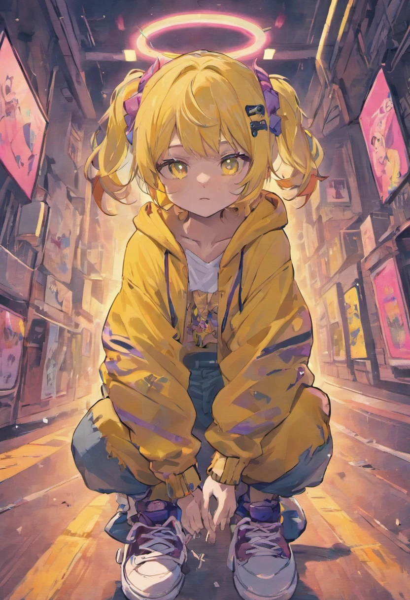 Cool and trendy rabbits, rainbow-colored hair, Yellow eyes, Wear trendy hip-hop clothes, Wearing a hoodie, Graphic T-shirt and ripped jeans, Lots of tattoos and piercings, Doodle style background, Highly detailed background, perfect masterpiece, High quality, High resolution