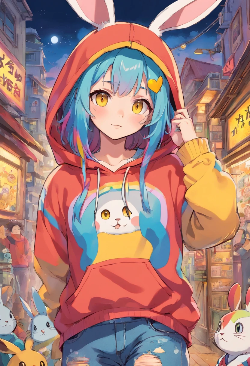 Cool and trendy rabbits, rainbow-colored hair, Yellow eyes, Wear trendy hip-hop clothes, Wearing a hoodie, Graphic T-shirt and ripped jeans, Lots of tattoos and piercings, Doodle style background, Highly detailed background, perfect masterpiece, High quality, High resolution