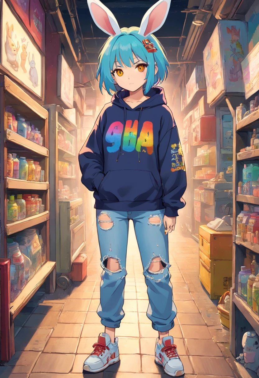 Cool and trendy rabbits, rainbow-colored hair, Yellow eyes, Wear trendy hip-hop clothes, Wearing a hoodie, Graphic T-shirt and ripped jeans, Lots of tattoos and piercings, Doodle style background, Highly detailed background, perfect masterpiece, High quality, High resolution