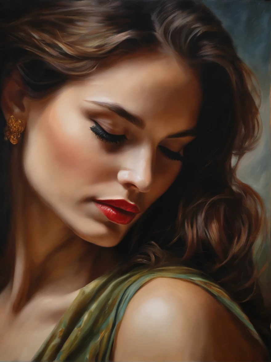 A painting of a woman with her eyes closed, leaning on her hand smiling, wearing a beautiful green dress, with exposed cleavage, ((golden ratio}} laying on the sofa after a long night on the town, a sensual painting, a Beautiful expressive painting, Wadim Kashin. Ultra photo realism, Louise Ross, digital painting art, Perceptual digital painting, Stylish digital painting, Bonito painting, glossy digital painting, beautiful digital painting, digital art painting, Fine paintings, thick strokes, pallette knife, impasto, Albrecht Dürer, Rembrandt, baroque art, alla prima, sfumato, chiaroscuro, intense light, catchlight