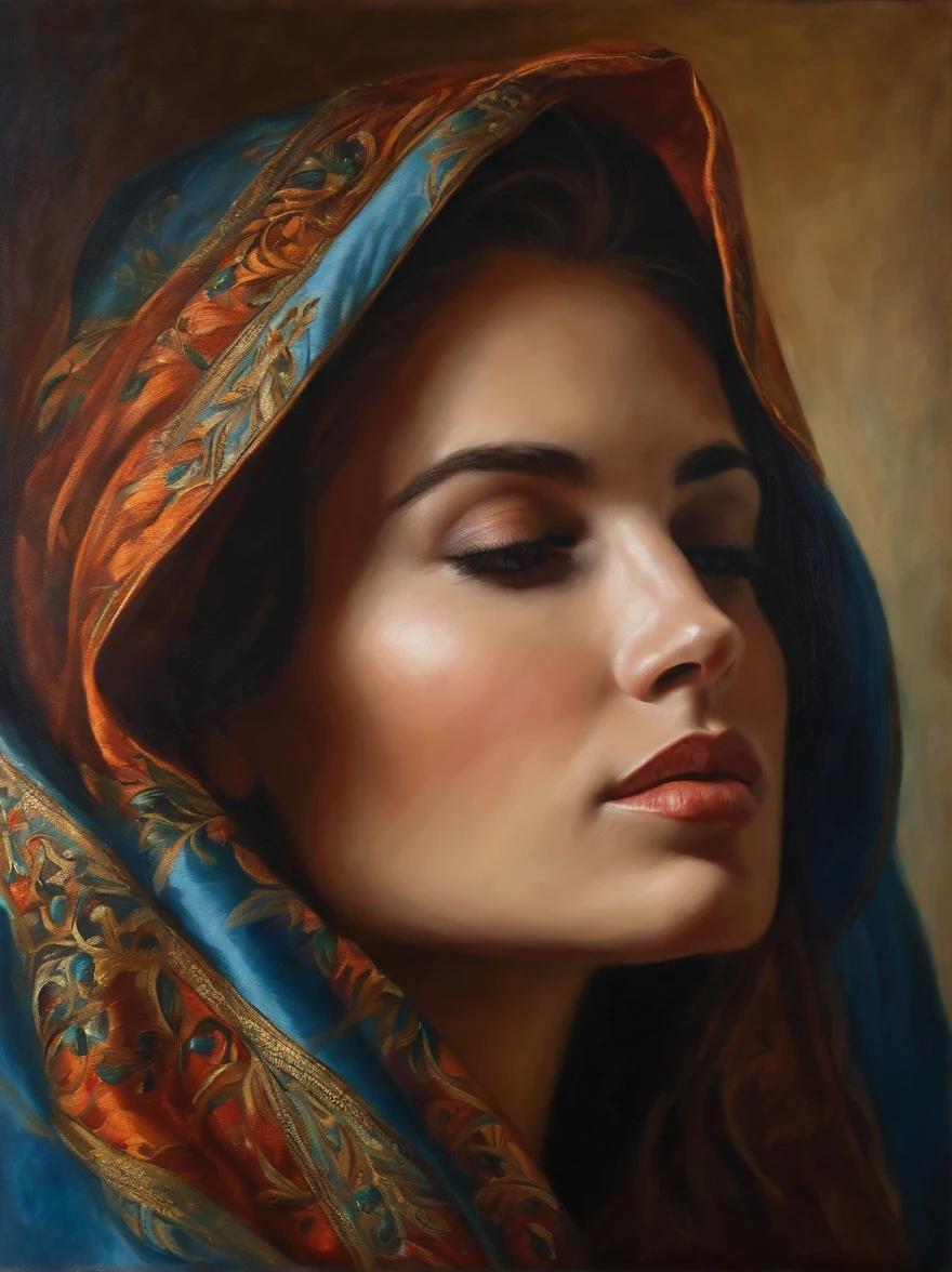 A master oil painting，Close-up of the side face of a beautiful woman