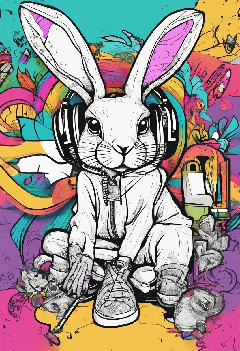 Cool and trendy rabbits, rainbow-colored hair, Yellow eyes, Wear trendy hip-hop clothes, Wearing a hoodie, Graphic T-shirt and ripped jeans, Lots of tattoos and piercings, Doodle style background, Highly detailed background, perfect masterpiece, High quality, High resolution