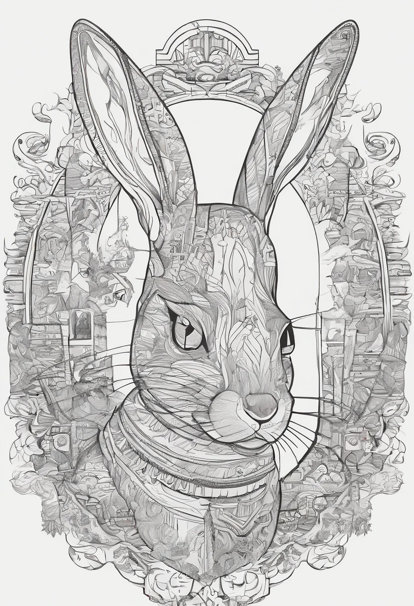 Cool and trendy rabbits, rainbow-colored hair, Yellow eyes, Wear trendy hip-hop clothes, Wearing a hoodie, Graphic T-shirt and ripped jeans, Lots of tattoos and piercings, Doodle style background, Highly detailed background, perfect masterpiece, High quality, High resolution