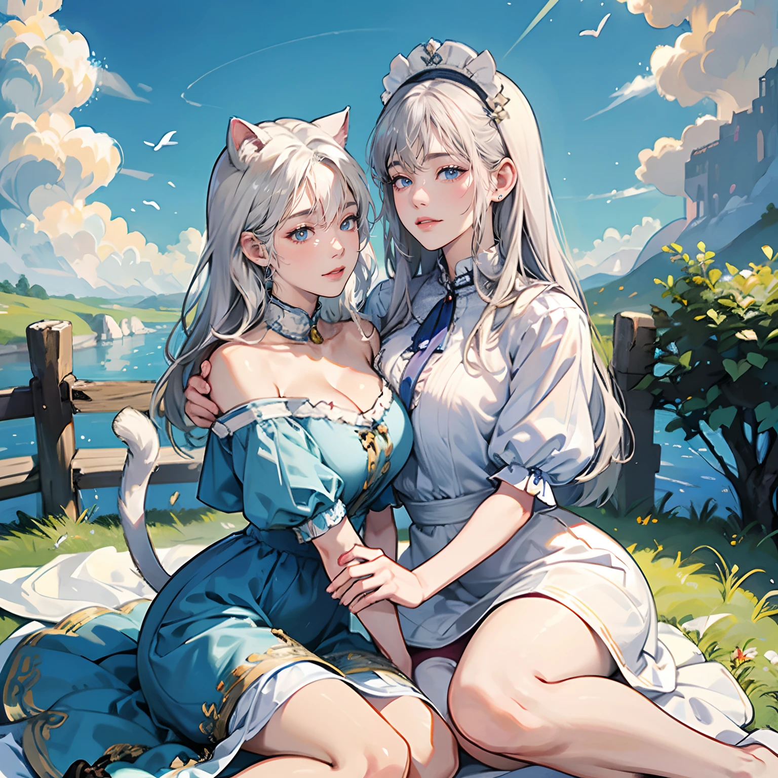 Women in Their 20s、2 females:2.0、offcial art, unity 8k wall paper, ultra-detailliert, beautifly、Aesthetic, masterpiece, top-quality, Photorealsitic、Cat-eared clan、Cat's ears、very thick tail:1.5、very thick and long tail、blue eyess、Silver-white hair、shorth hair、Collar with bell:2.0、Sky blue apron dress、Light blue blouse、depth of fields, Fantastic atmosphere, Calm palette, tranquil mood, Soft shading、the vast grassland、Rivers and bridges、Beautiful Landscapes、bbw、very large breast、plump figure、krystal、Cat's ears:1.8、Cat ears on the head、thick waist、thick thight、an legs