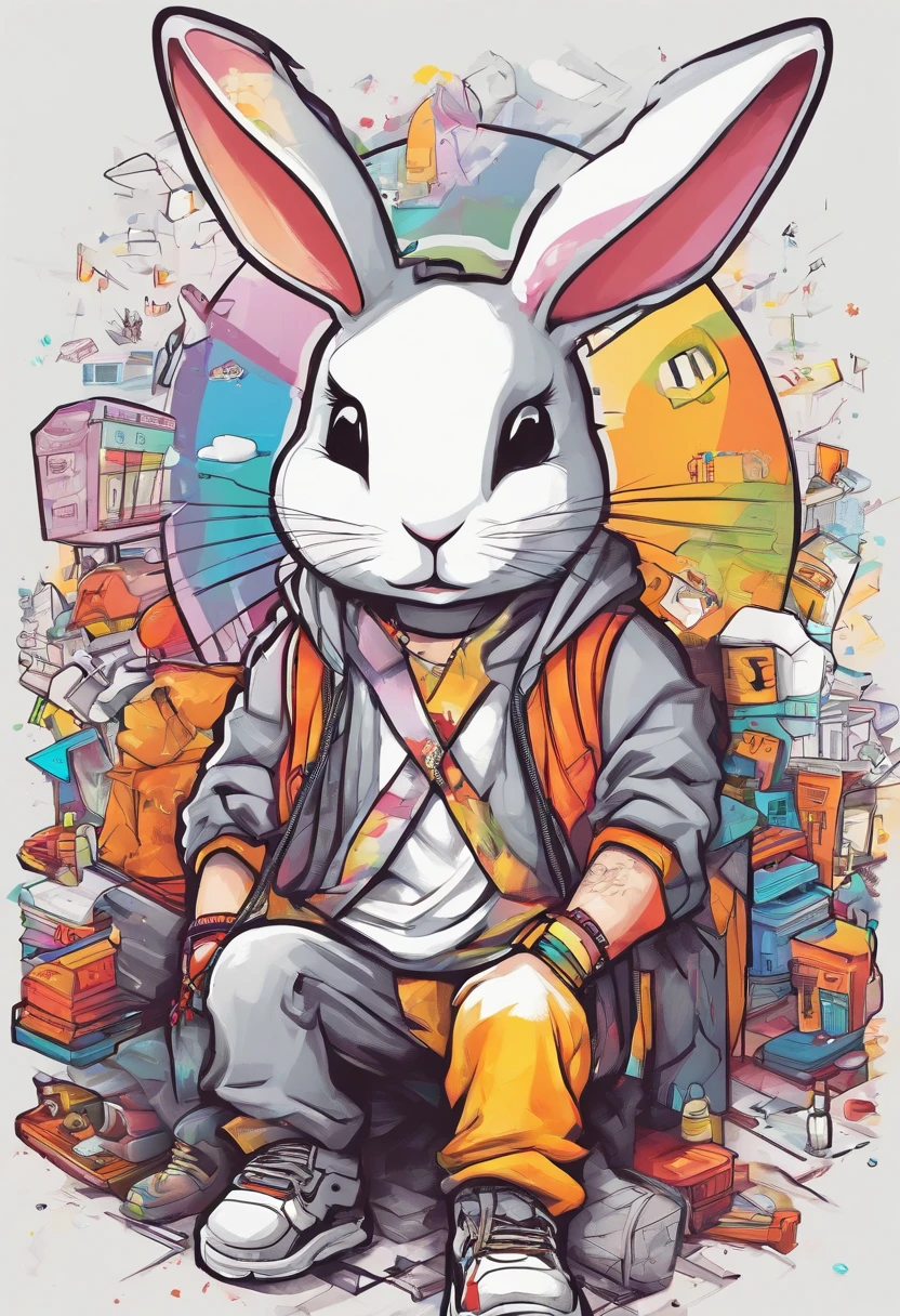 Cool and trendy rabbits, rainbow-colored hair, Yellow eyes, Wear trendy hip-hop clothes, Wearing a hoodie, Graphic T-shirt and ripped jeans, Lots of tattoos and piercings, Doodle style background, Highly detailed background, perfect masterpiece, High quality, High resolution