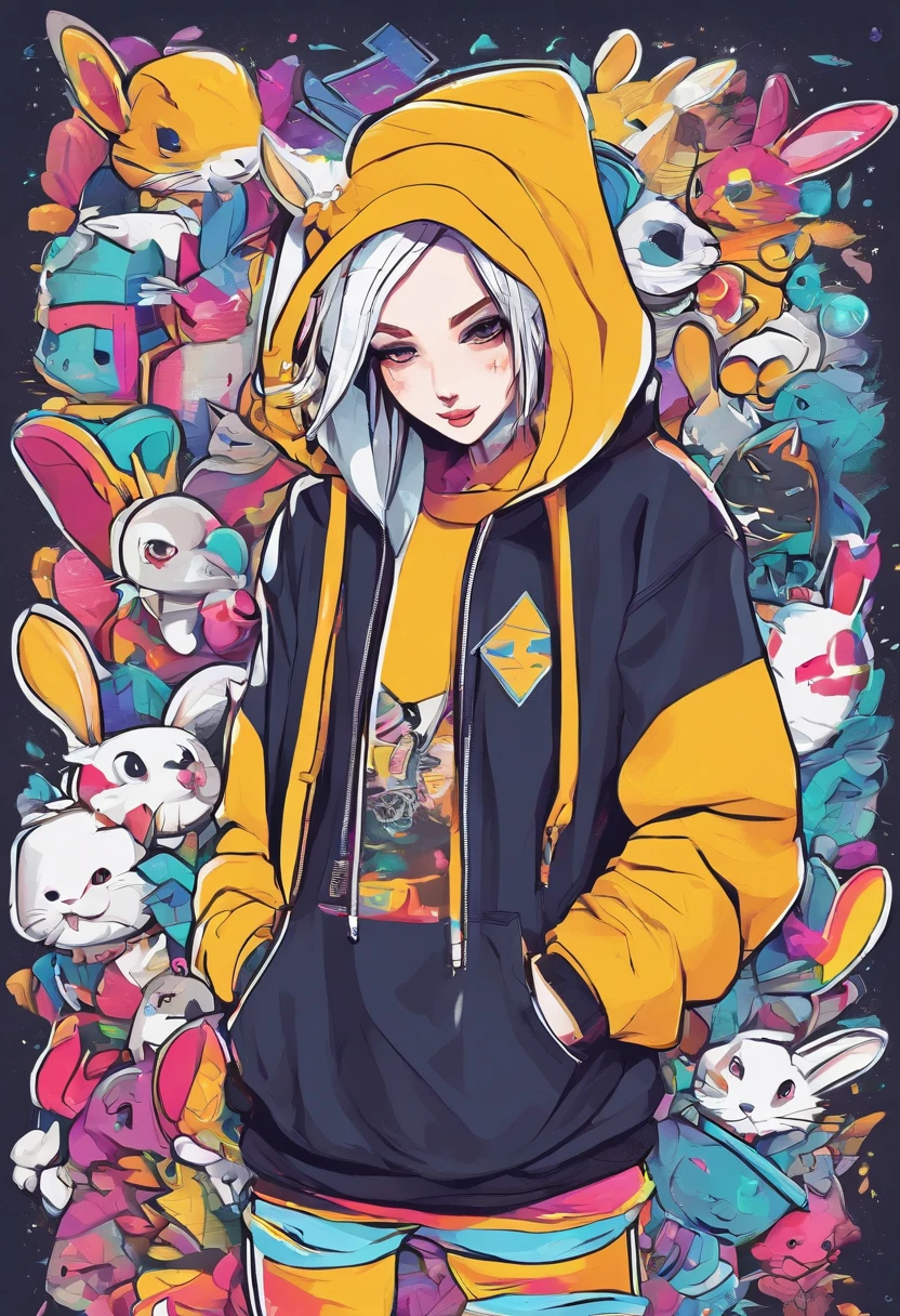 Cool and trendy rabbits, rainbow-colored hair, Yellow eyes, Wear trendy hip-hop clothes, Wearing a hoodie, Graphic T-shirt and ripped jeans, Lots of tattoos and piercings, Doodle style background, Highly detailed background, perfect masterpiece, High quality, High resolution
