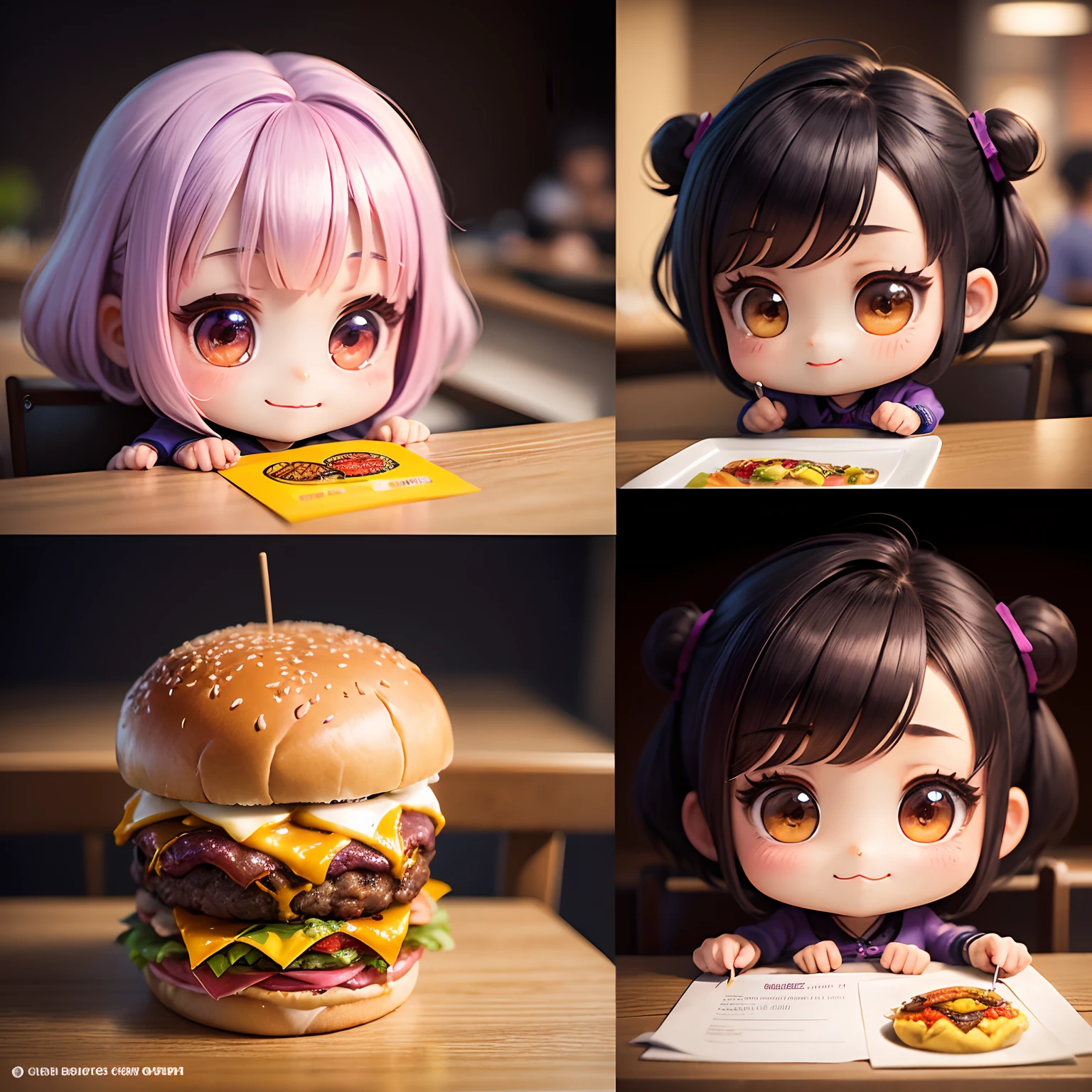 ​masterpiece、top-quality、ultra-detailliert、(Chibi Chara's Daughter:1.3)、Purple Bob、wraith、Double Cheese Bacon Big Burger🍔、Special Set Menu、Inside a fast food restaurant、eats、A smile