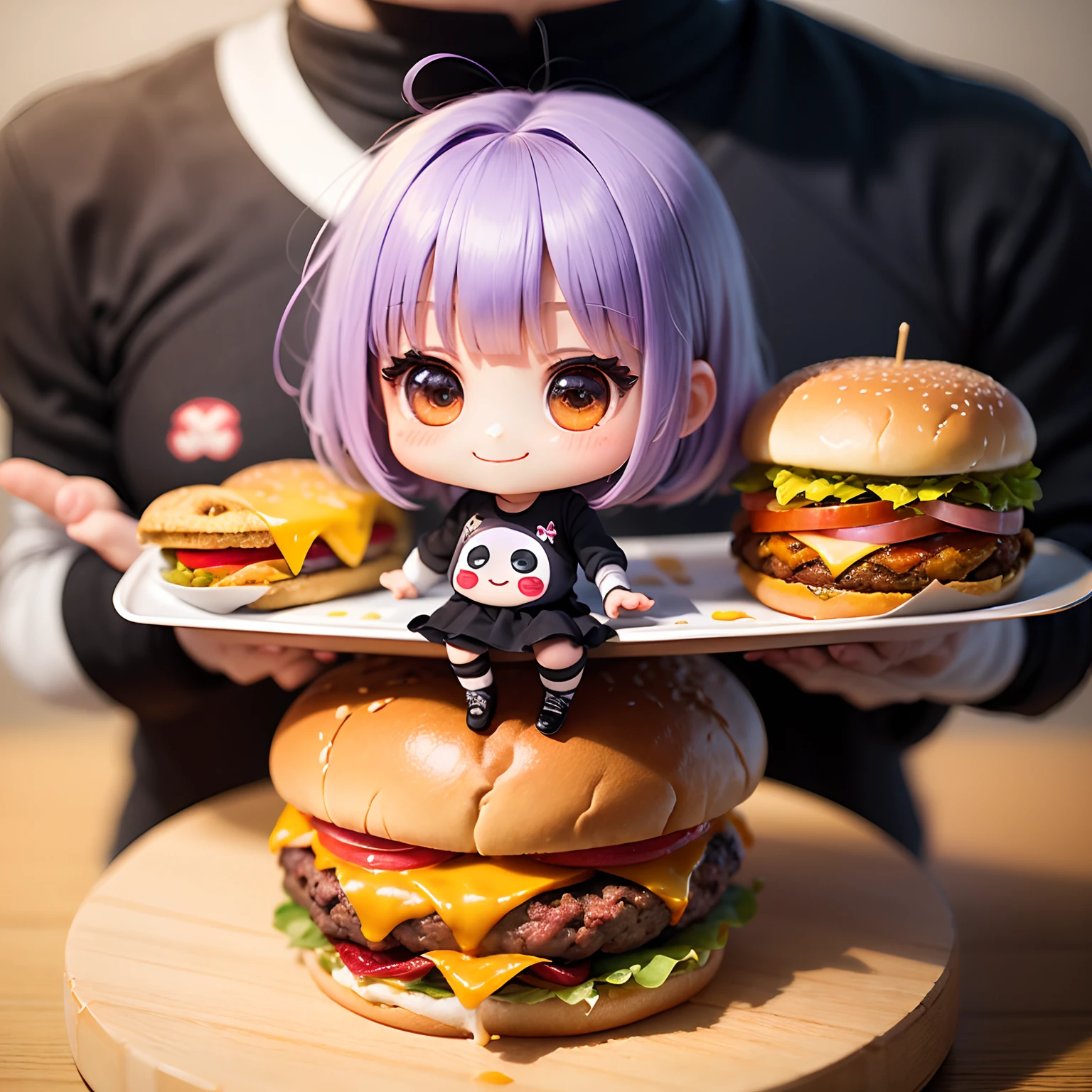 ​masterpiece、top-quality、ultra-detailliert、(Chibi Chara's Daughter:1.3)、Purple Bob、wraith、Double Cheese Bacon Big Burger🍔、Special Set Menu、Inside a fast food restaurant、eats、A smile