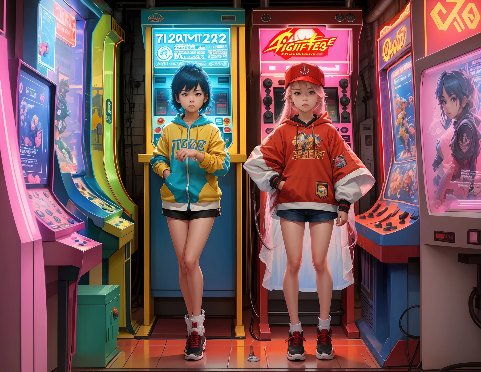 ((tmasterpiece))，((best qualtiy))，((The is very detailed：1.3))， Boys and girls in the popular arcade arcades of the 90s, Play Street Fighter fighting game with passion, Rooms with arcades and neon lights , neonlight，They stand in front of an arcade machine with a color display, Showcase the game's exciting visuals. There is a strong sense of nostalgia in the air. The arcades are brightly lit, The walls are decorated with classic game posters and three-dimensional models of game characters, The  holds the joystick of the arcade, Manipulate his character quickly and skillfully, Gorgeous combinations and skills are displayed on the screen, (Fang, Anime style, Wide shot, Sideways, 8K, Super detail, ccurate, Best quality, Anatomically correct, A high resolution, Bright colors，Global illumination)