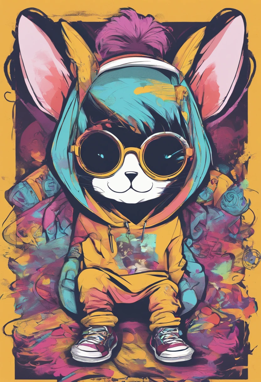 Cool and trendy rabbits, rainbow-colored hair, Yellow eyes, Wear trendy hip-hop clothes, Wearing a hoodie, Graphic T-shirt and ripped jeans, Lots of tattoos and piercings, Doodle style background, Highly detailed background, perfect masterpiece, High quality, High resolution