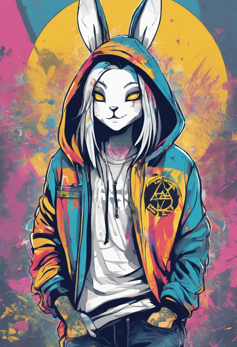 Cool and trendy rabbits, rainbow-colored hair, Yellow eyes, Wear trendy hip-hop clothes, Wearing a hoodie, Graphic T-shirt and ripped jeans, Lots of tattoos and piercings, Doodle style background, Highly detailed background, perfect masterpiece, High quality, High resolution