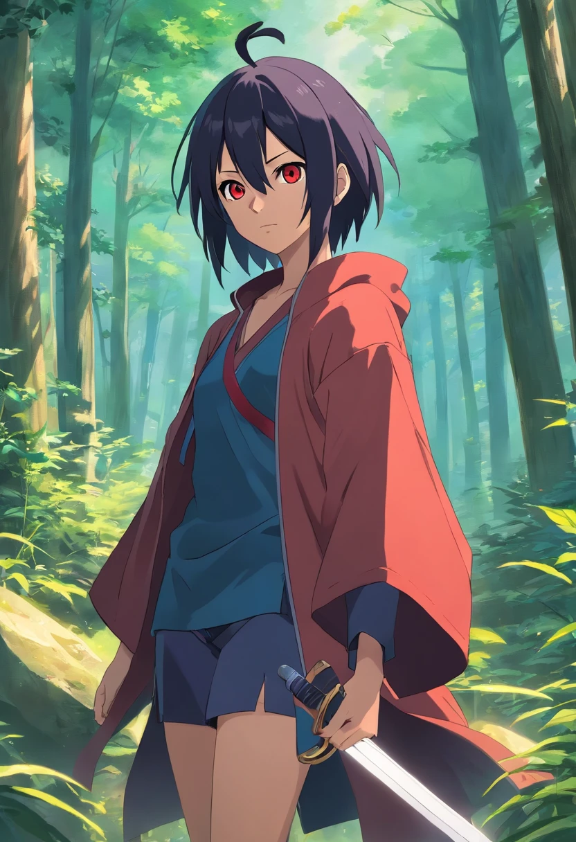 1 Itachi Uchiha, corpo inteiro, Ambu hunter outfit, Sharingan ativo nos olhos, fundo de floresta, agachado encima de um tronco, maos segurando espada,estilo anime, bandana na testa