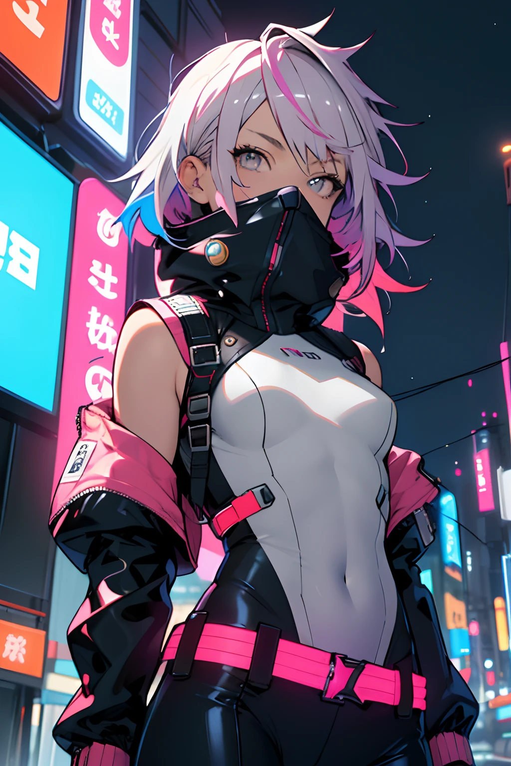 portrait, 1 girl, beautiful face, asymmetrical hair, multi-colored hair, belt, bodysuit, covered mouth, covered navel, detached sleeves, grey eyes, hip vent, open jacket, cute, look at viewer, night city, neon, rainy,