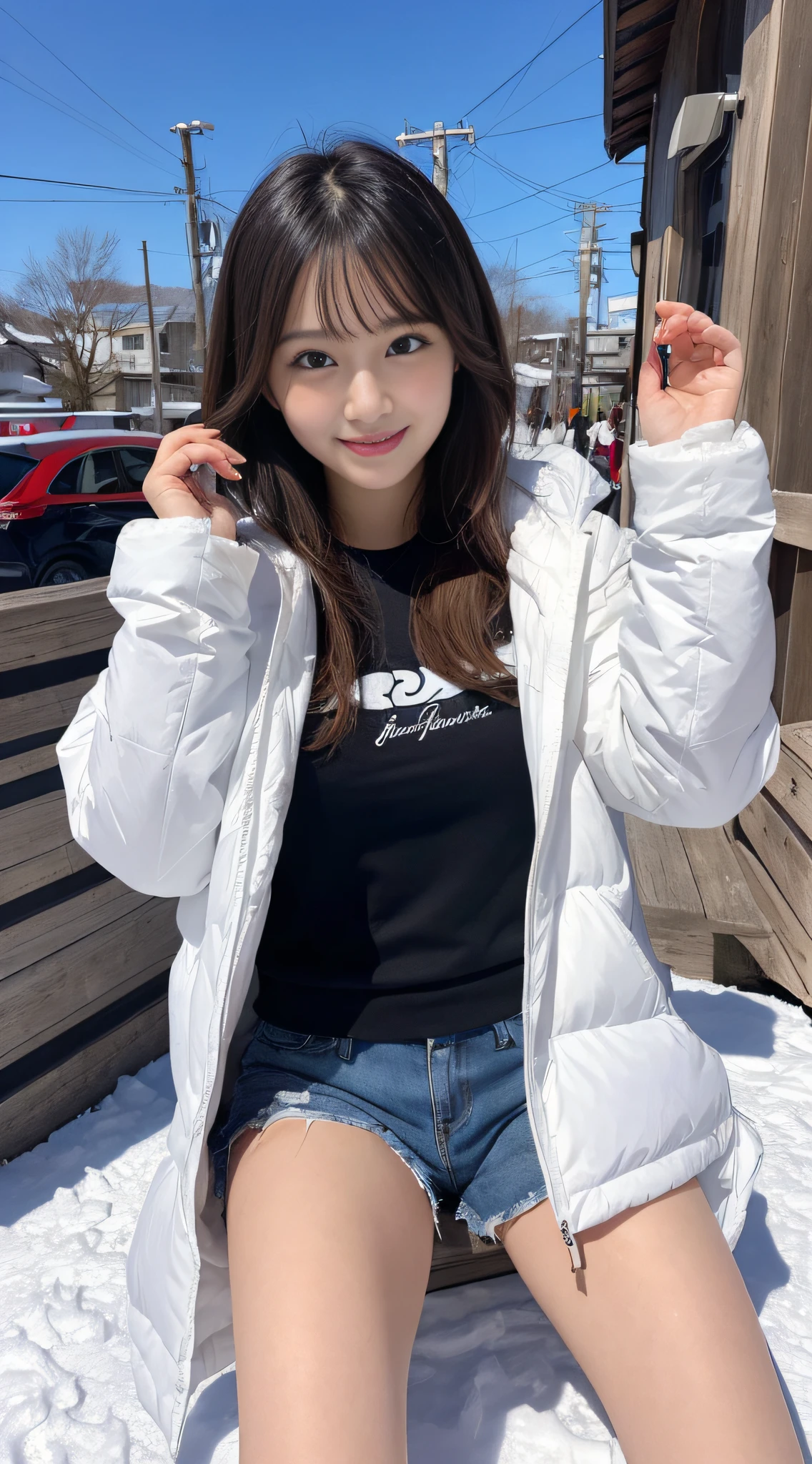 masutepiece, Best Quality, Illustration, Ultra-detailed, finely detail, hight resolution, 8K Wallpaper, Perfect dynamic composition, Beautiful detailed eyes, Women's Fashion Summer,Medium Hair,Colossal tits,Natural Color Lip, Bold sexy poses,Smile,Harajuku、20 years girl、Cute、Sexy shot looking at camera、snow board、snowboarder、Cute Ski Wear、a ski、Spread your legs wide、spreading crotch、itting open legs