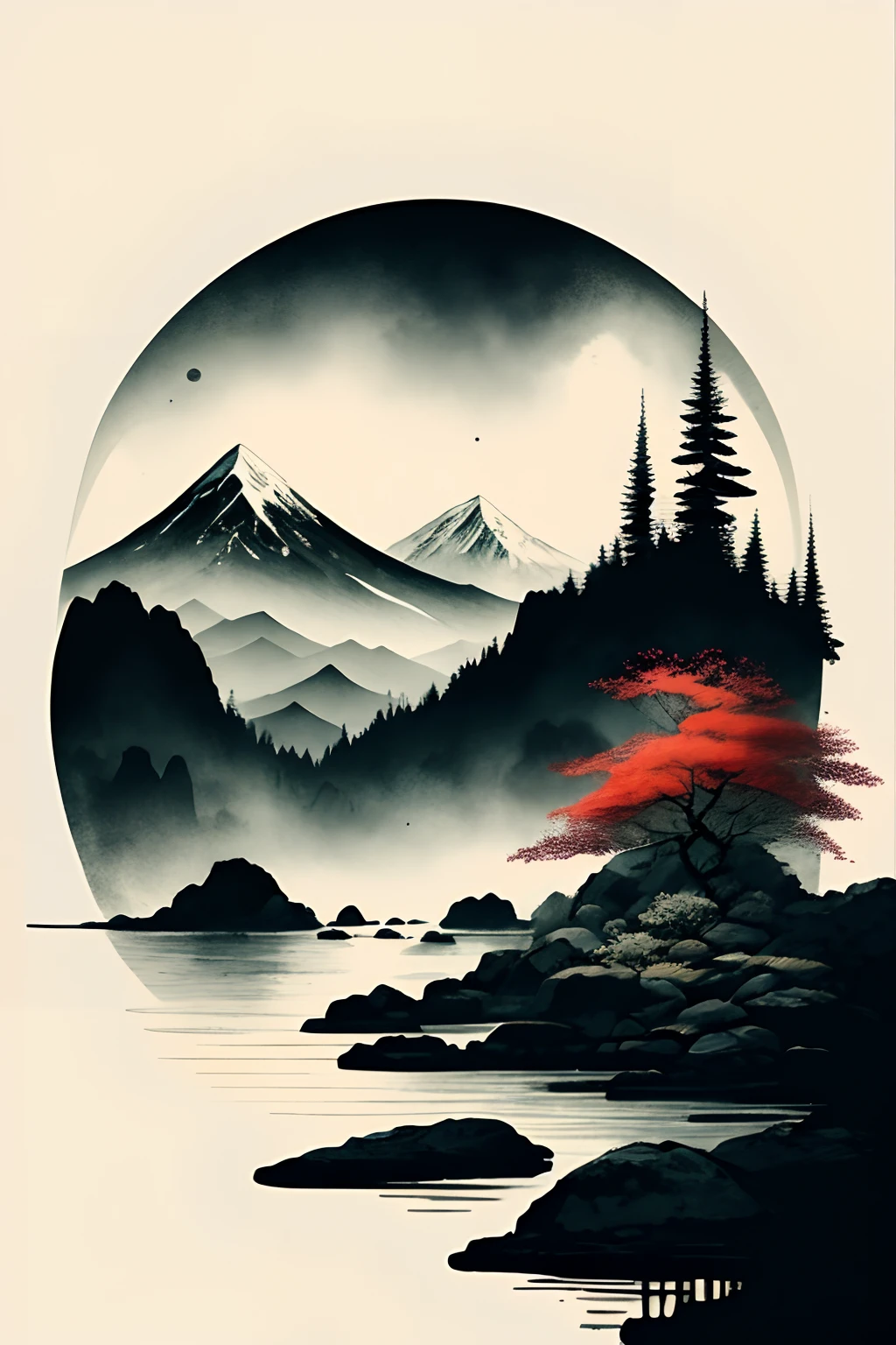 "A masterpiece of ink painting with a serene white background showing a breathtaking landscape of majestic mountains, untouched water, and lush trees."