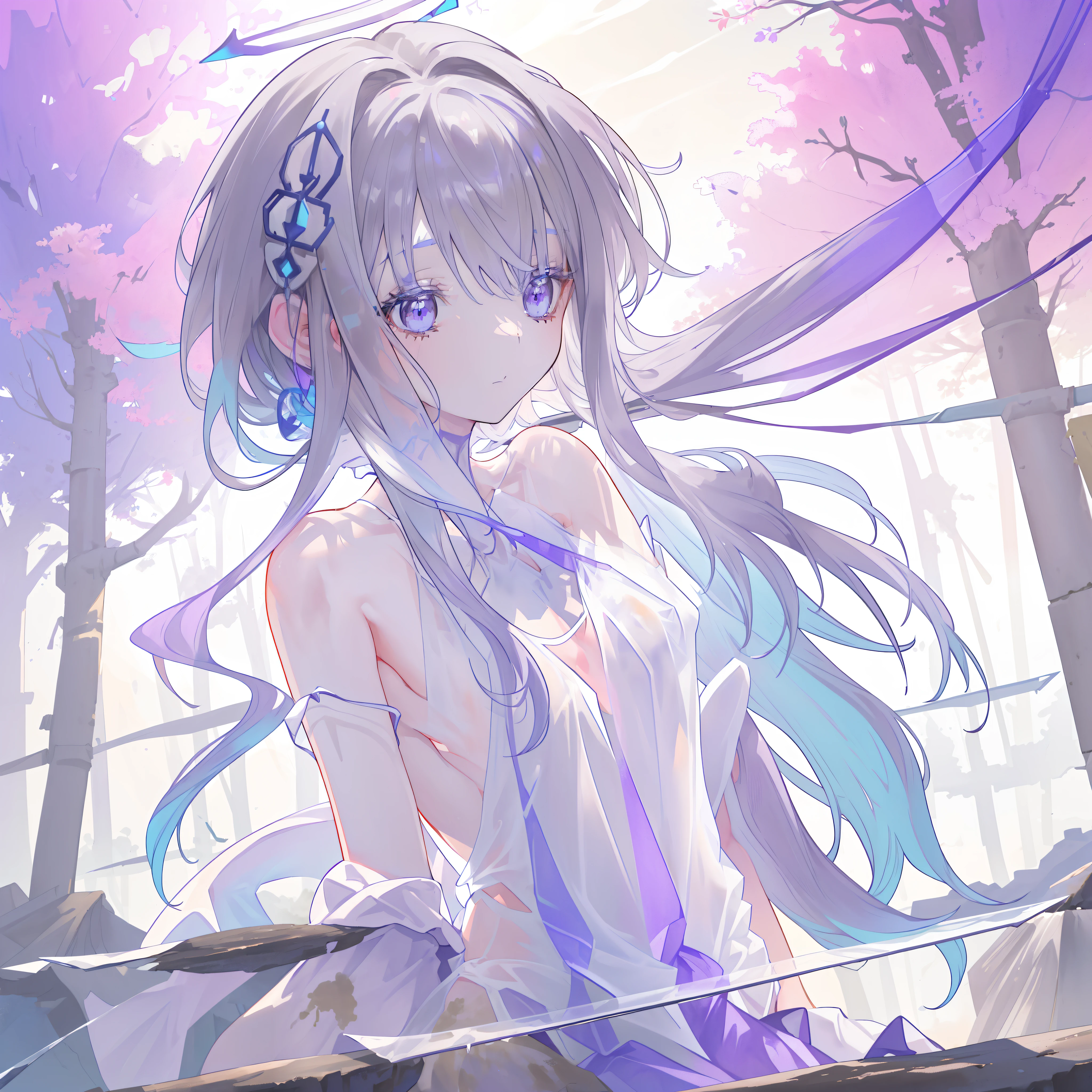 (((A close up view: 1.4))) of an anime girl, standing on a (((muddy forest: 1.5))), (((half naked))), cinematic light, slim body with curves, skin is perfectly white, soft, and smooth, ((no nsfw)), Extremely delicate and beautiful CG illustration, best quality, high resolution, dynamic angle, full-length lens, (1 girl), floating, soft light, high-key lighting), glowing light, purple halo, feathers fluttering background, blue crystal, (((wearing nothing but a white (transparent) tank top))), ((((body covered in mud: 1.9))))