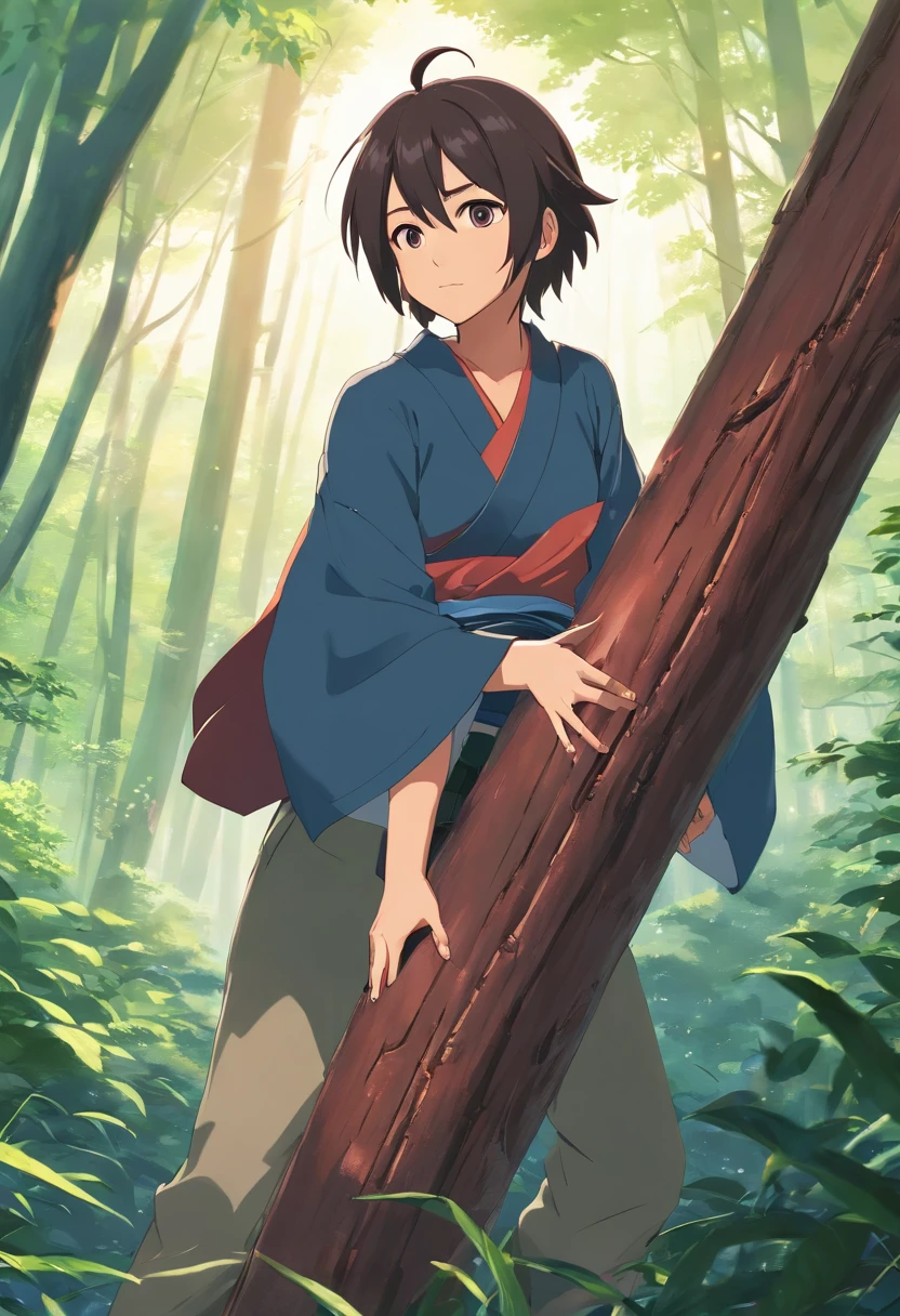 (best quality,4k,8k,highres,masterpiece:1.2),ultra-detailed,(realistic,photorealistic,photo-realistic:1.37), Itachi Uchiha,[whole body],hunter-nin attire,active Sharingan eyes,[forest background],crouching on a tree trunk,hands holding a sword,[anime style],forehead band