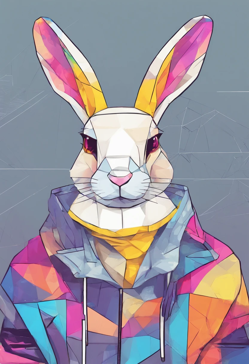 Cool and trendy rabbits, rainbow-colored hair, Yellow eyes, Wear trendy hip-hop clothes, Wearing a hoodie, Graphic T-shirt and ripped jeans, Lots of tattoos and piercings, Doodle style background, Highly detailed background, perfect masterpiece, High quality, High resolution