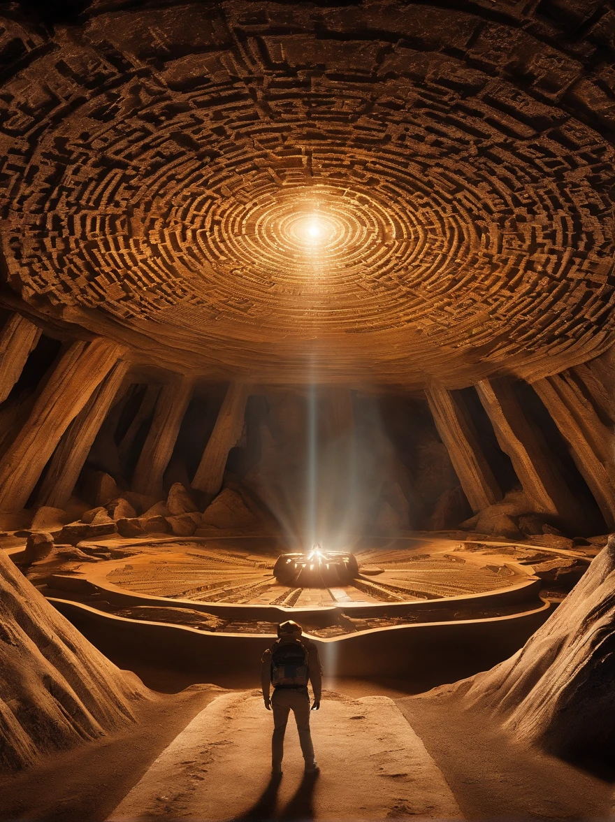 Stargate Circular: O Stargate deve ser representado como um portal circular e tridimensional. It should have a technological and futuristic look, with metal details or other advanced materials. O portal deve parecer misterioso e poderoso, suggesting that it is a passage beyond space and time.

Homem Viajando: Um homem deve estar no processo de atravessar o Stargate. Ele pode ser representado como um explorador ou aventureiro corajoso, wearing costumes suitable for time and space travel. His face may show an expression of determination and surprise as he moves through the portal.

ancient inscriptions: The Stargate must have ancient inscriptions engraved on its surface. These inscriptions can be mysterious symbols or hieroglyphics, Giving the Portal a Sense of Ancient Wisdom and Meaning.

Cave Setting: The Stargate is located inside a deep and mysterious cave. A caverna deve ser escura, com sombras profundas e feixes de luz que destacam o portal e o viajante. Stalactites and stalagmites may be visible on the ceiling and floor of the cave, giving the scene an eerie atmosphere.

Ambiente Sinistro: Apesar de sua beleza, a caverna deve ter um toque sinistro. There may be a faint otherworldly glow to the Stargate inscriptions, ou sombras misteriosas nas profundezas da caverna. The atmosphere should convey the idea that the traveler is about to embark on an incomprehensible and perhaps dangerous journey.

lighting effects: Use dramatic lighting to enhance the realism of the scene. The light emanating from the Stargate is meant to illuminate the traveler and cast intriguing shadows on the cave walls. The contrast between darkness and light is important to create a convincing atmosphere.

Detalhes do Equipamento do Viajante: The traveler's equipment may include futuristic technological devices, backpacks or costumes that suggest preparation for time travel. Details such as buttons, Flashing lights or insignia can be adds