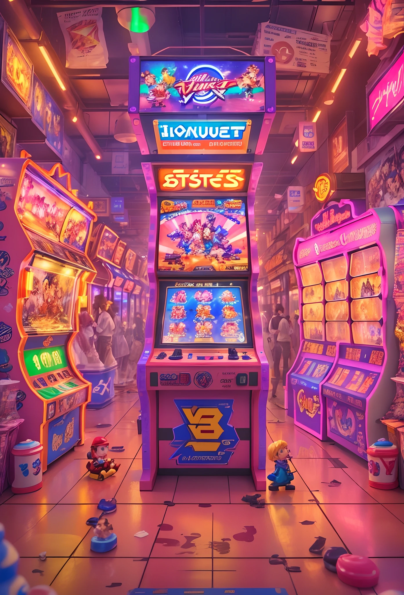 ((tmasterpiece))，((best qualtiy))，((The is very detailed：1.3))， A boy and a girl in the 90's popular arcade arcade, Play Street Fighter fighting games with passion, Room with arcade and neon lights , neonlight，They stand in front of an arcade machine with a color display, Showcasing the game's exciting visuals. There is a strong sense of nostalgia in the air. The arcade is brightly lit, The walls are decorated with classic game posters and three-dimensional models of game characters, The  holds the joystick of the arcade machine, Manipulate his characters quickly and skillfully, Display gorgeous combos and skills on the screen, (fang, anime style, wide shot, sideways, 8k, super detail, ccurate, best quality, anatomically correct, highres, Bright colors，Global illumination)