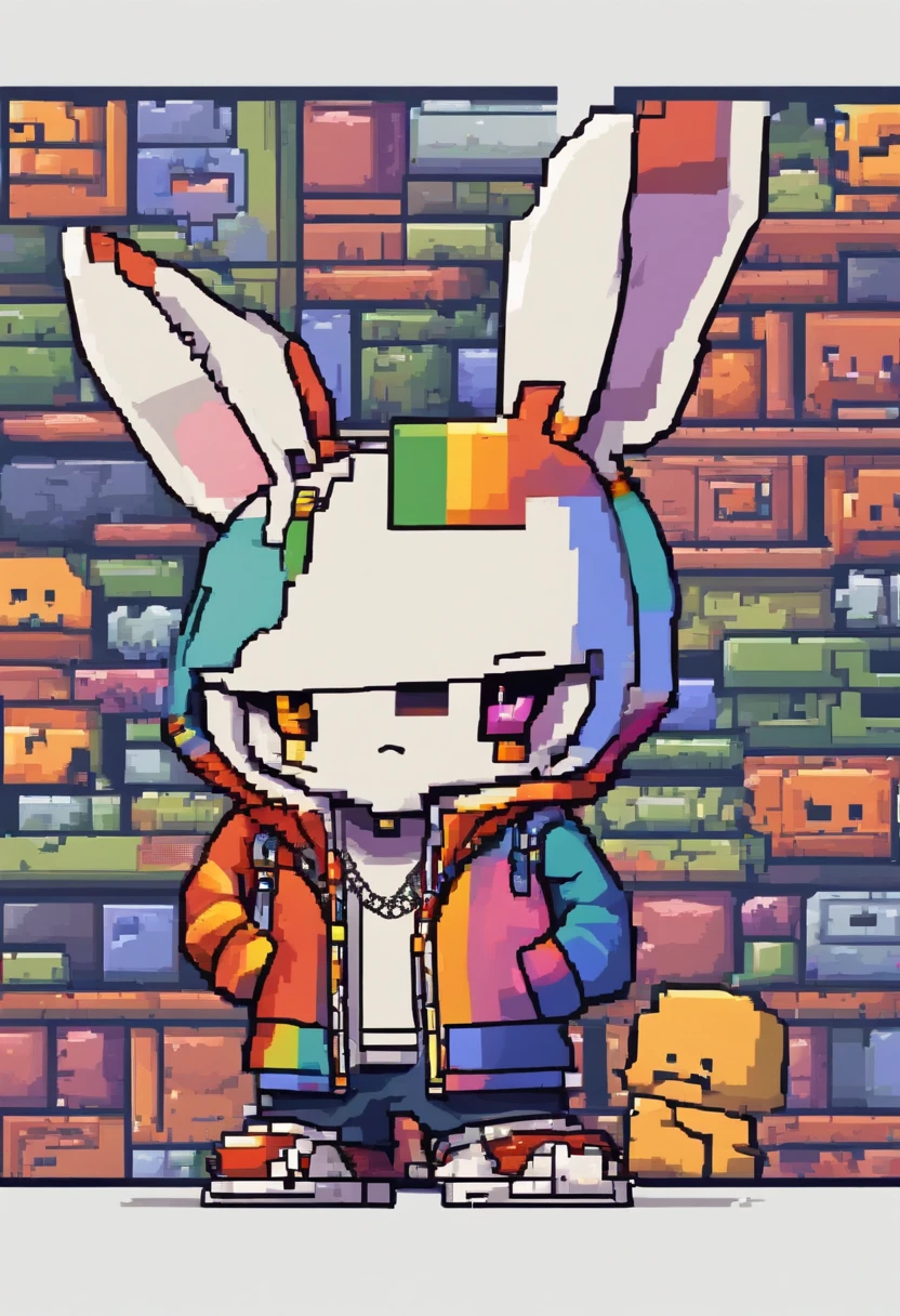 Cool and trendy rabbits, rainbow-colored hair, Yellow eyes, Wear trendy hip-hop clothes, Wearing a hoodie, Graphic T-shirt and ripped jeans, Lots of tattoos and piercings, Doodle style background, Highly detailed background, perfect masterpiece, High quality, High resolution