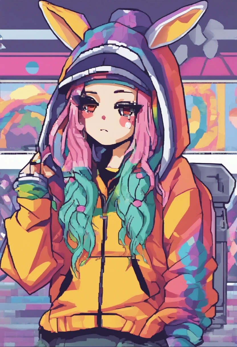 Cool and trendy rabbits, rainbow-colored hair, Yellow eyes, Wear trendy hip-hop clothes, Wearing a hoodie, Graphic T-shirt and ripped jeans, Lots of tattoos and piercings, Doodle style background, Highly detailed background, perfect masterpiece, High quality, High resolution