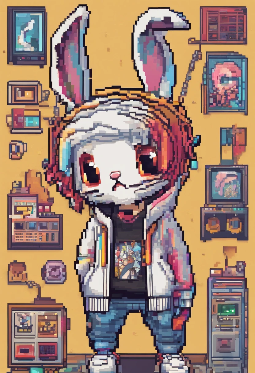 Cool and trendy rabbits, rainbow-colored hair, Yellow eyes, Wear trendy hip-hop clothes, Wearing a hoodie, Graphic T-shirt and ripped jeans, Lots of tattoos and piercings, Doodle style background, Highly detailed background, perfect masterpiece, High quality, High resolution