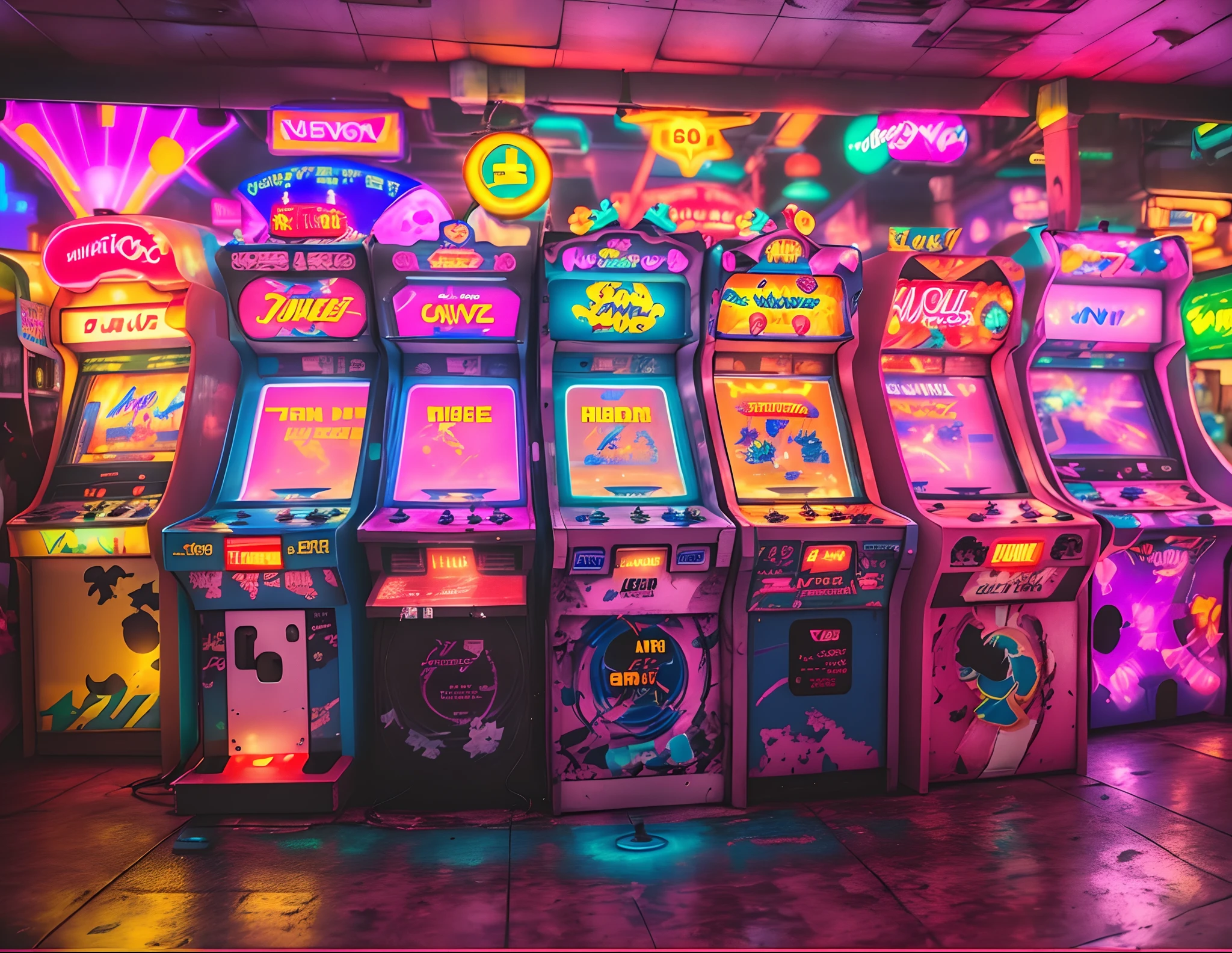 There are many game consoles with neon lights in the arcade arcade, Arcade consoles, Arcade games, Arcade consoles, 1980s arcade machine, Busy arcade, Pink yellow and blue neon signs, Arcade, Street Fighter, Arcade cabinets, neon signs in background, colorful neon, Colorful neon signs, 80s outdoor retro arcade, nipple play, Indoor arcade