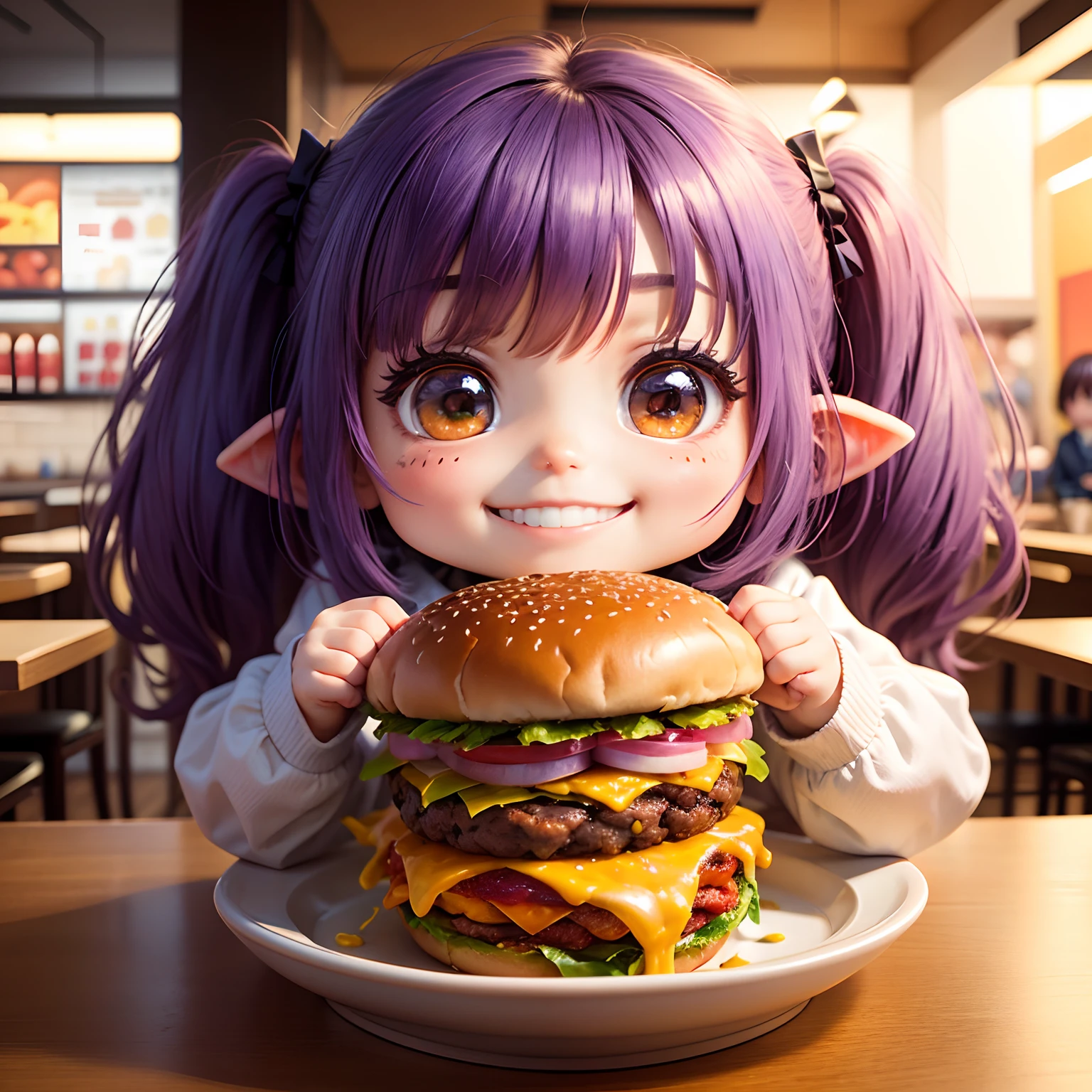 ​masterpiece、top-quality、ultra-detailliert、(Chibi Chara's Daughter:1.3)、Purple Bob、Lop-eared dogs、wraith、Double Cheese Bacon Big Burger🍔、Special Set Menu、Inside a fast food restaurant、eats、A smile