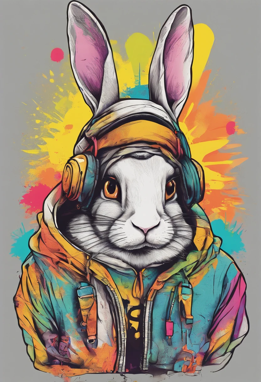 Cool and trendy rabbits, rainbow-colored hair, Yellow eyes, Wear trendy hip-hop clothes, Wearing a hoodie, Graphic T-shirt and ripped jeans, Lots of tattoos and piercings, Doodle style background, Highly detailed background, perfect masterpiece, High quality, High resolution