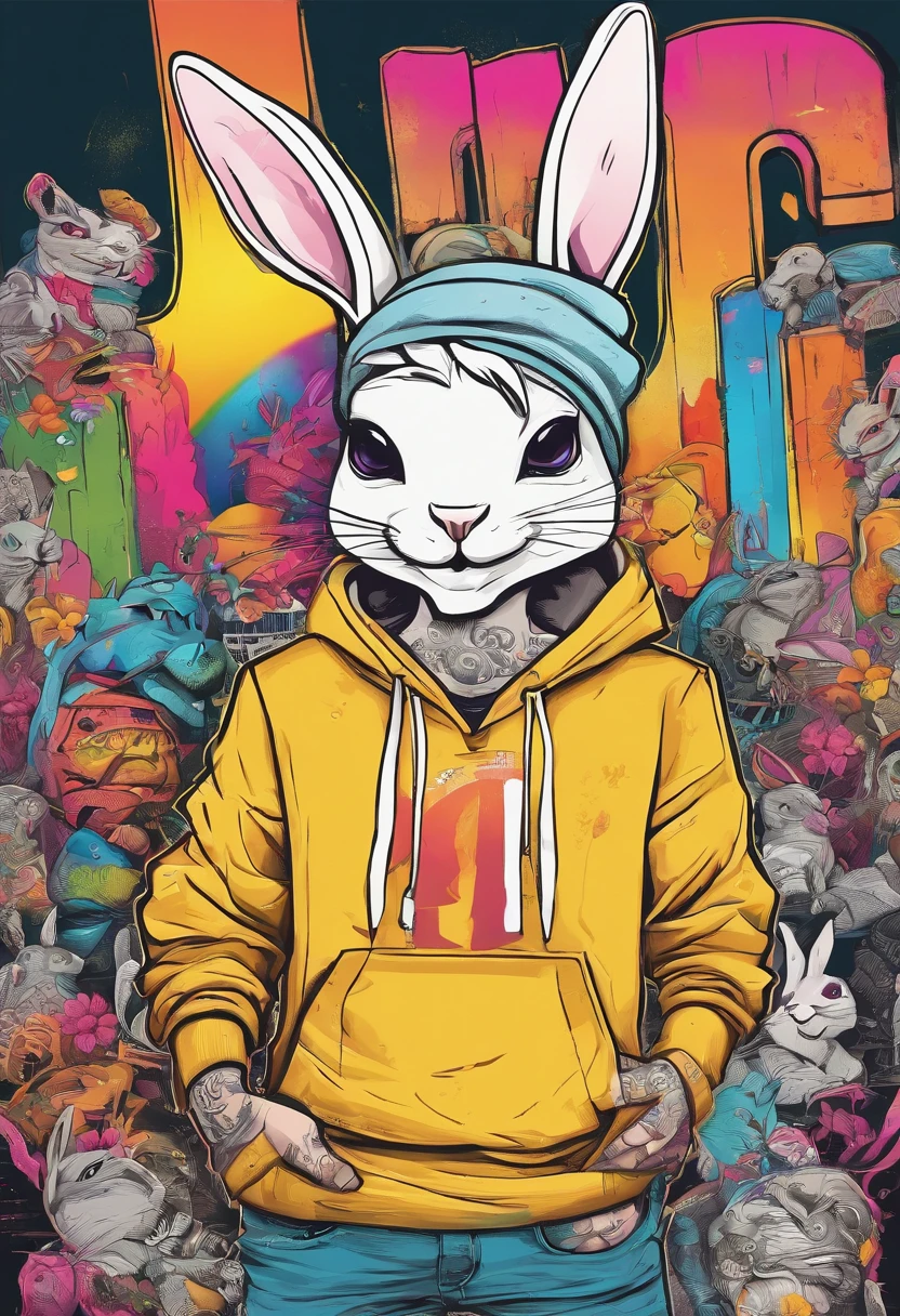 Cool and trendy rabbits, rainbow-colored hair, Yellow eyes, Wear trendy hip-hop clothes, Wearing a hoodie, Graphic T-shirt and ripped jeans, Lots of tattoos and piercings, Doodle style background, Highly detailed background, perfect masterpiece, High quality, High resolution