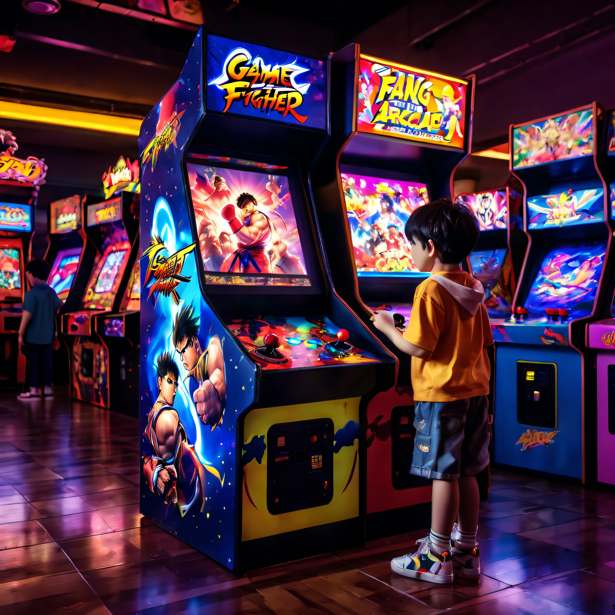((tmasterpiece))，((best qualtiy))，((The is very detailed：1.3))， A boy and a girl in the 90's popular arcade arcade, Play Street Fighter fighting games with passion, Room with arcade and neon lights , neonlight，They stand in front of an arcade machine with a color display, Showcasing the game's exciting visuals. There is a strong sense of nostalgia in the air. The arcade is brightly lit, The walls are decorated with classic game posters and three-dimensional models of game characters, The little boy holds the joystick of the arcade machine, Manipulate his characters quickly and skillfully, Display gorgeous combos and skills on the screen, (fang, anime style, wide shot, sideways, 8k, super detail, ccurate, best quality, anatomically correct, highres, Bright colors，Global illumination)