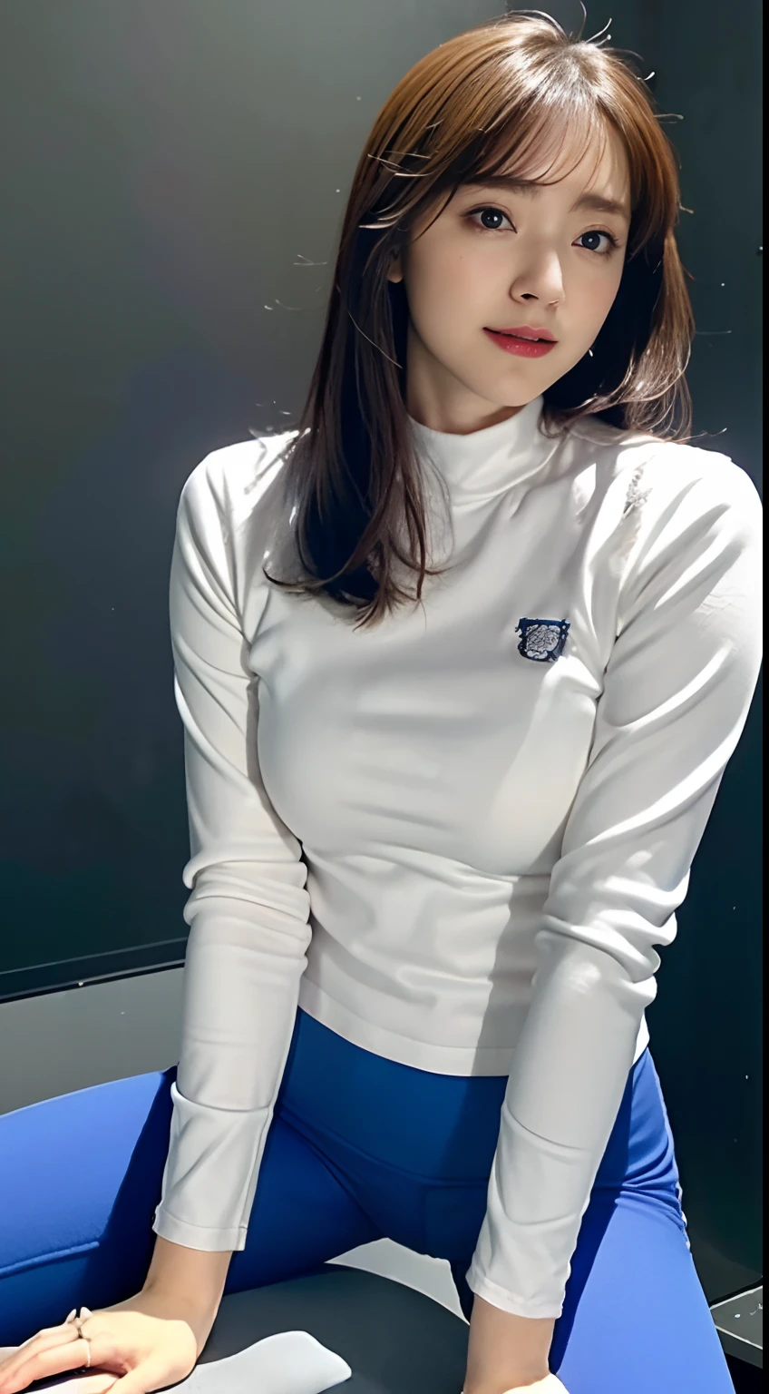 face is :9,1714884241], Elegant upper-class elite secretary, (Short Layer Hair、Colossal tits、SuzukiAiri)、, Wear high-end heels、 (), girl with,, merchant,  (8K、top-quality、tmasterpiece:1.2)、(intricate detailes:1.4)、(Photorealsitic:1.4)、octane renderings、Complex 3D rendering ultra detail, Studio Soft Light, Rim Lights, vibrant detail, super detailing, realistic skin textures, Detal Face, Beautiful detail eyes, Very detailed CG Unity 16k wallpaper, Makeup - Makeup, (detailedbackground:1.2), Naked on the thighs!!!,((Long Sleeve Long Sleeve Pants Yoga Wear、Being in the gym、Black walls、Power Rack、Backward posture))、、Blue sky outside the window、hip lines