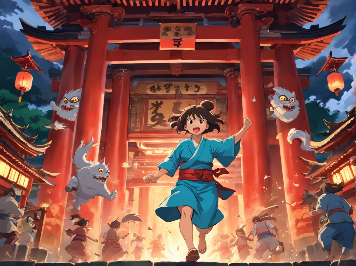 Yokai attack the men and women in the temple(The youkai's fierce expression)(The look of fear on people's faces)(Humans dare not hide)(Yokai chasing people in front of them)(Best quality,4K,8K,A high resolution,Masterpiece:1.2),Ultra-detailed,Realistic,,Dark,Fierce,Scary,menacing,youkai,Detailed facial expressions,Mira,attacking,Malicious Chinese temples,Men,Women,horrified expression,Detailed eyes,Detailed lips,,Hiding,run away,Yokai chasing humans,panicking.
