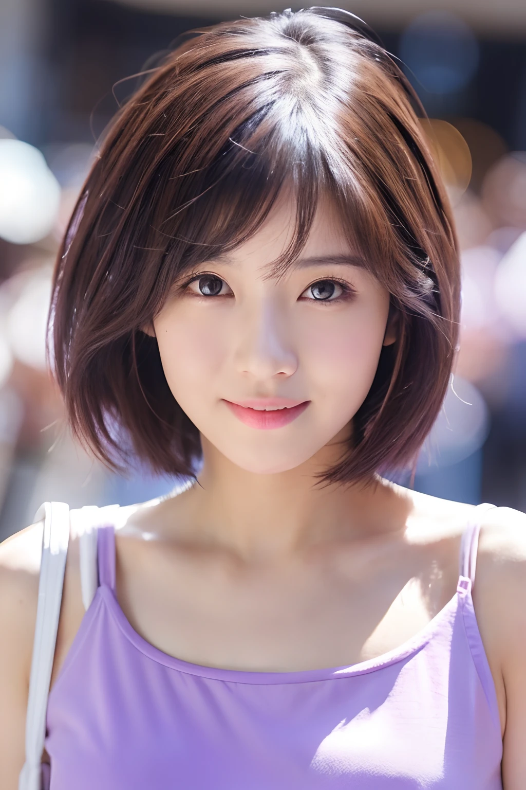 25 years old girl with short hair, adorable, light purple top.